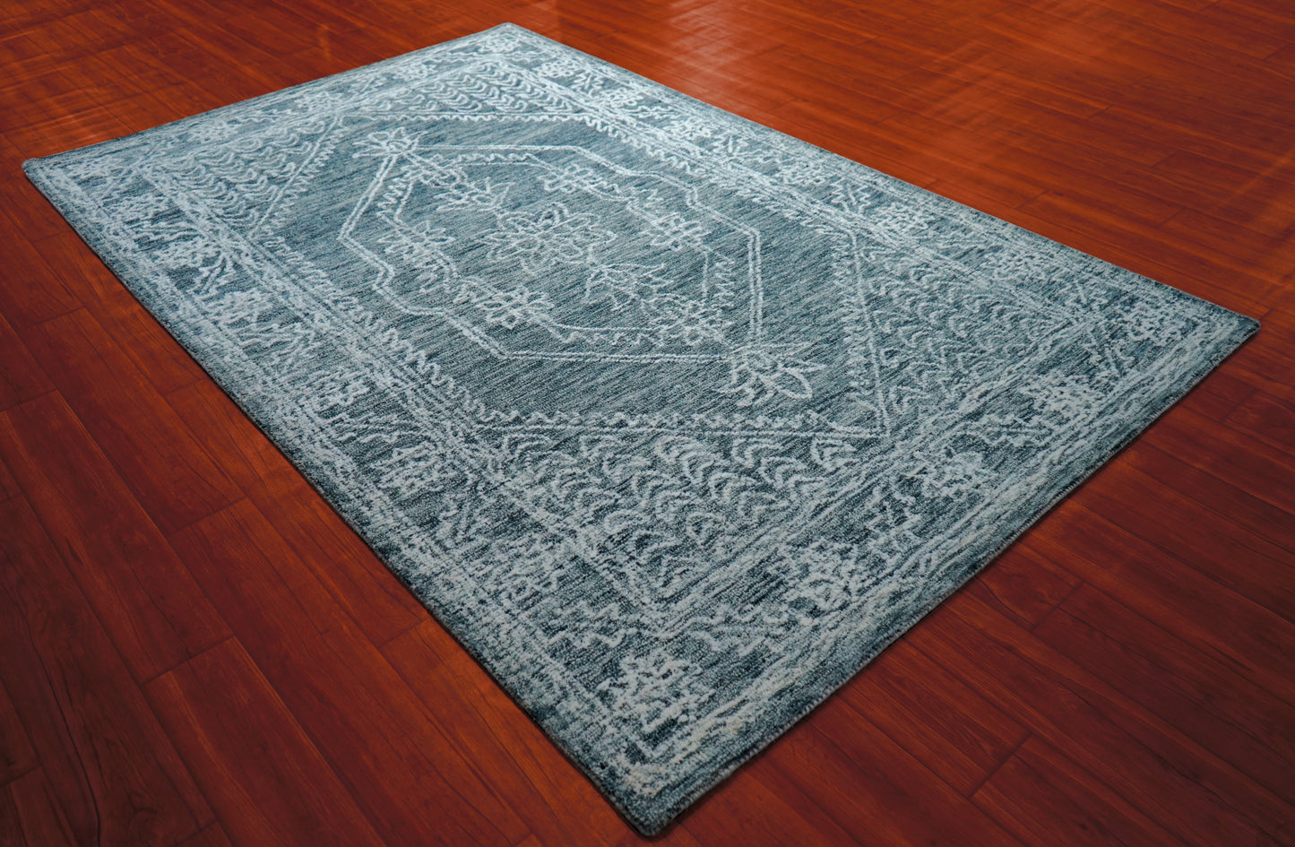Teal Grey Vintage Distressed Medallion Border Hand Tufted Wool Area Rug - Cut Pile Traditional Custom Sizes