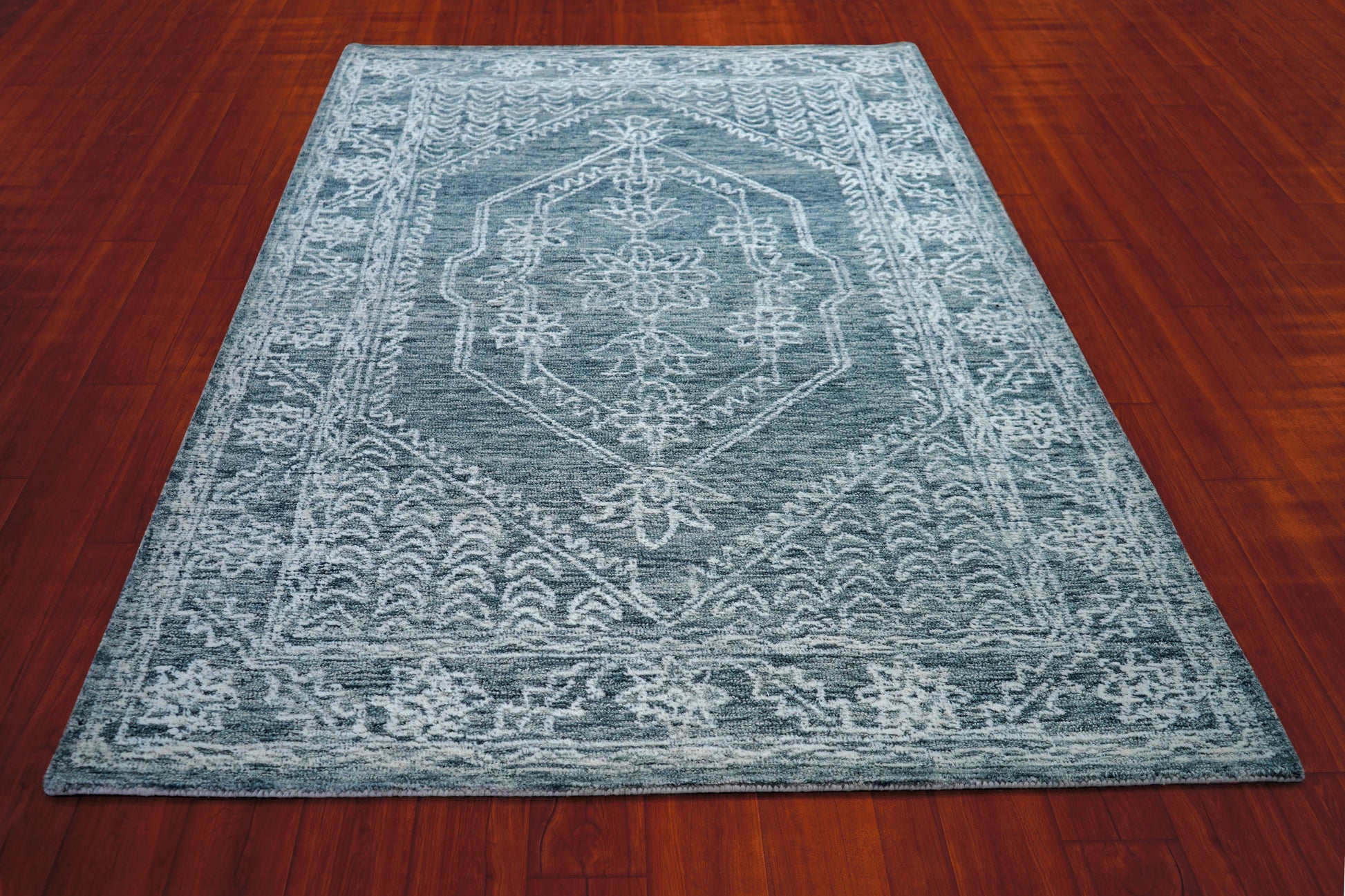 Teal Grey Vintage Distressed Medallion Border Hand Tufted Wool Area Rug - Cut Pile Traditional Custom Sizes