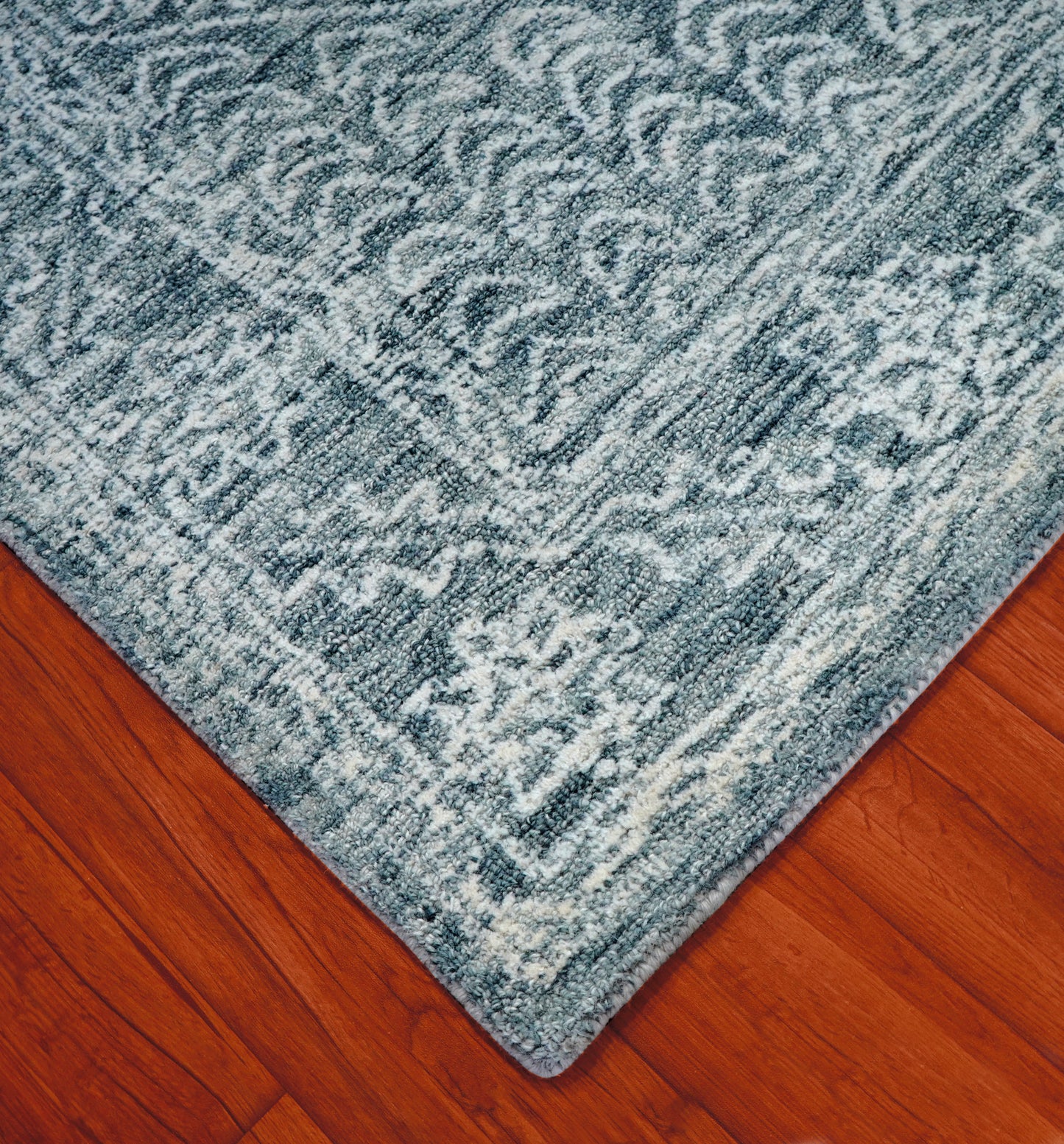 Teal Grey Vintage Distressed Medallion Border Hand Tufted Wool Area Rug - Cut Pile Traditional Custom Sizes