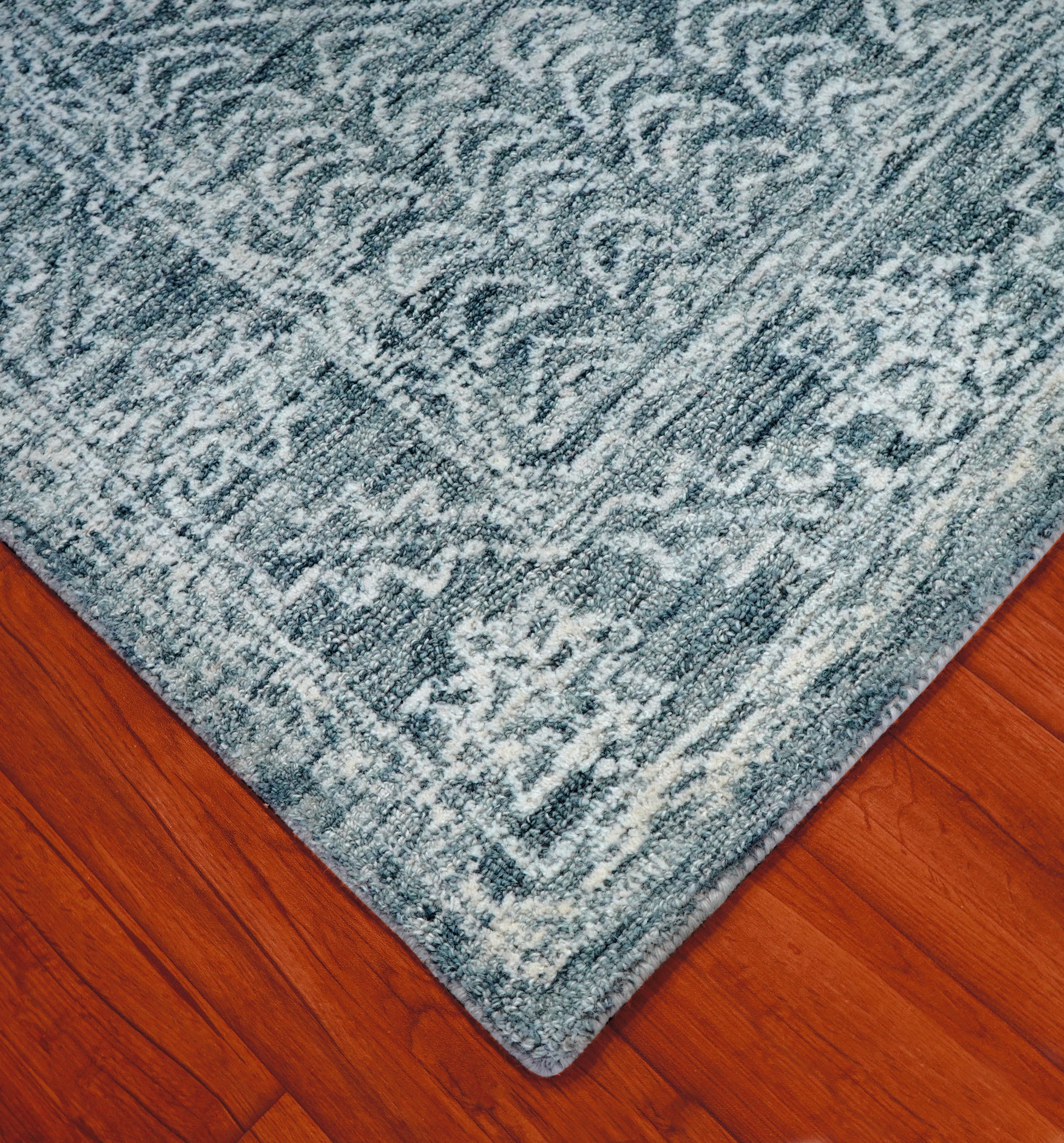 Teal Grey Vintage Distressed Medallion Border Hand Tufted Wool Area Rug - Cut Pile Traditional Custom Sizes