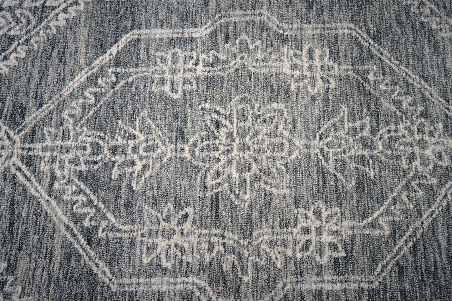 Teal Grey Vintage Distressed Medallion Border Hand Tufted Wool Area Rug - Cut Pile Traditional Custom Sizes