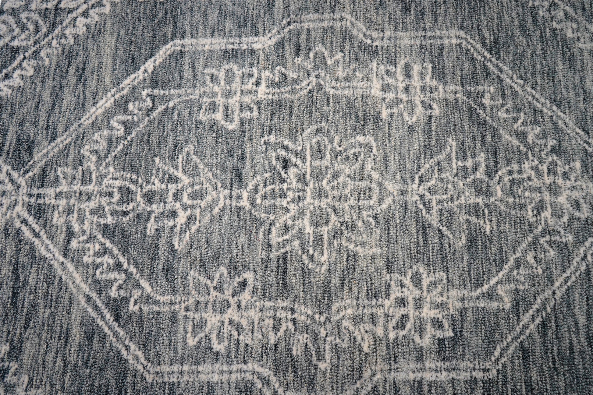 Teal Grey Vintage Distressed Medallion Border Hand Tufted Wool Area Rug - Cut Pile Traditional Custom Sizes