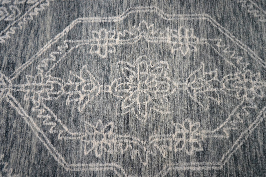 Teal Grey Vintage Distressed Medallion Border Hand Tufted Wool Area Rug - Cut Pile Traditional Custom Sizes