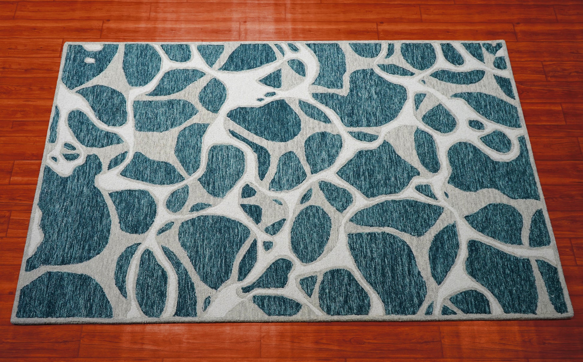 Teal Grey Abstract Organic Pebbles Hand Tufted Wool Area Rug - Cut Pile Contemporary Custom Sizes
