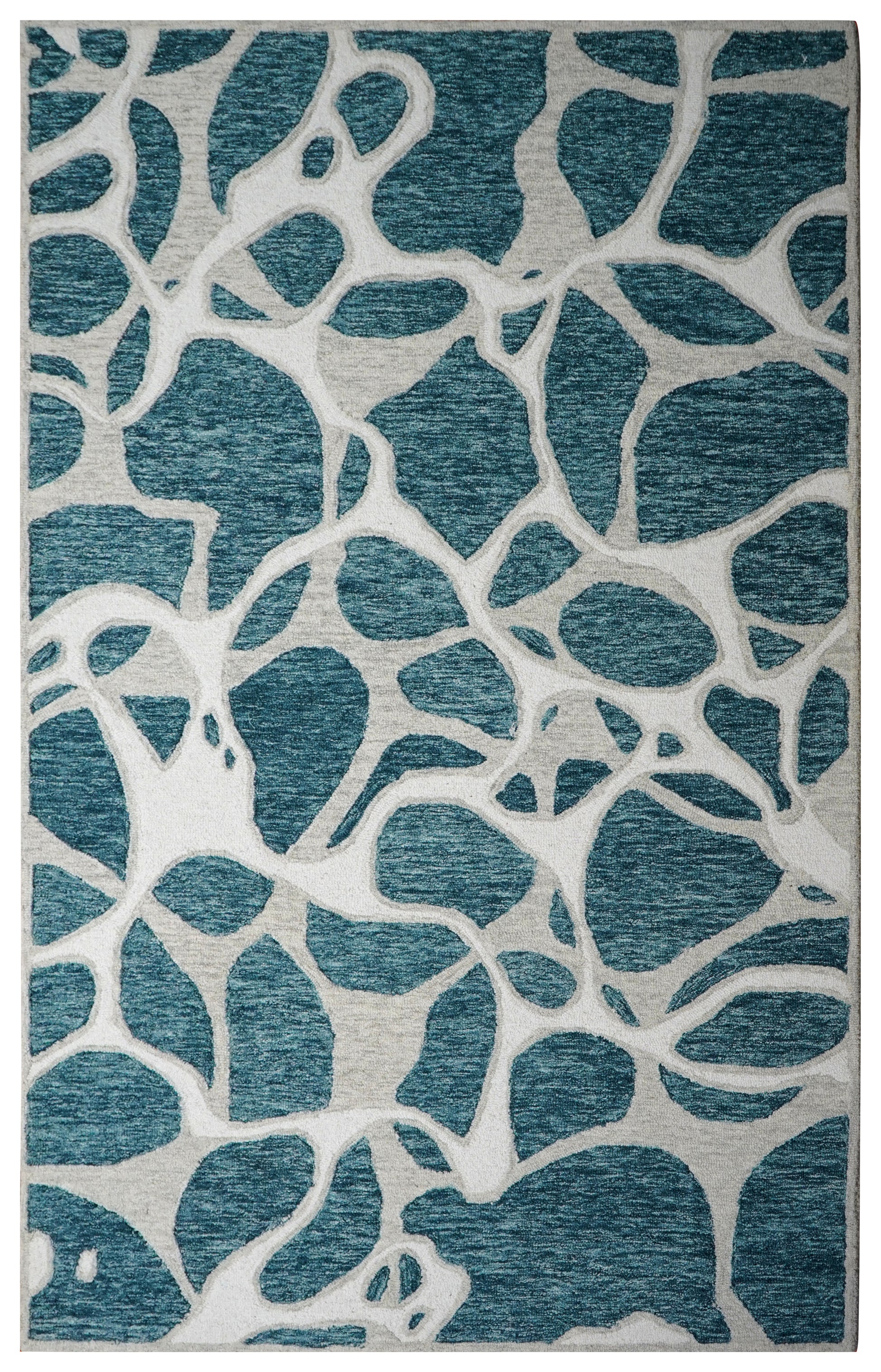 Teal Grey Abstract Organic Pebbles Hand Tufted Wool Area Rug - Cut Pile Contemporary Custom Sizes