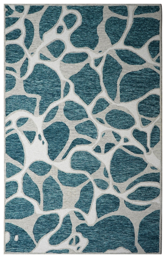 Teal Grey Abstract Organic Pebbles Hand Tufted Wool Area Rug - Cut Pile Contemporary Custom Sizes