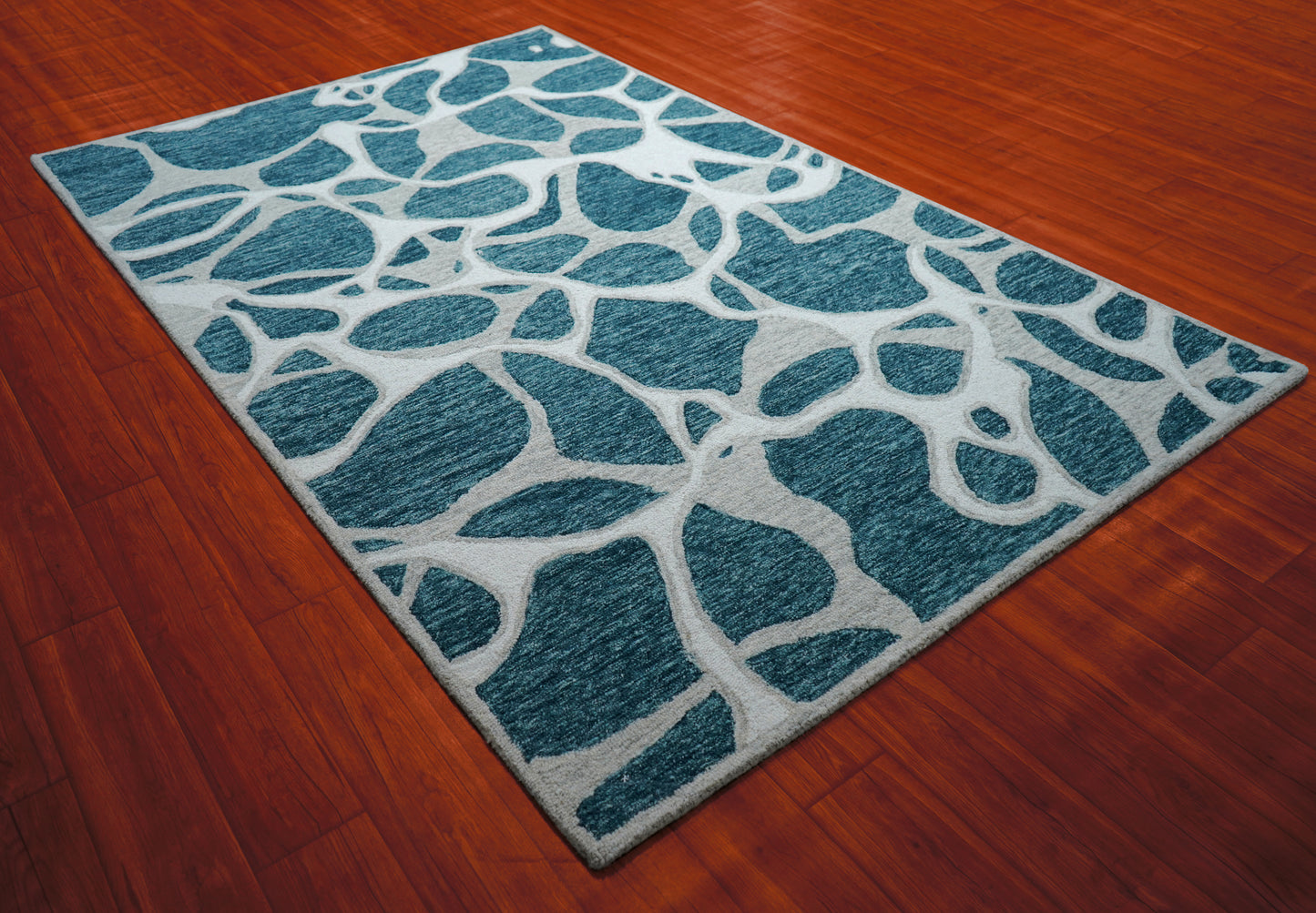 Teal Grey Abstract Organic Pebbles Hand Tufted Wool Area Rug - Cut Pile Contemporary Custom Sizes