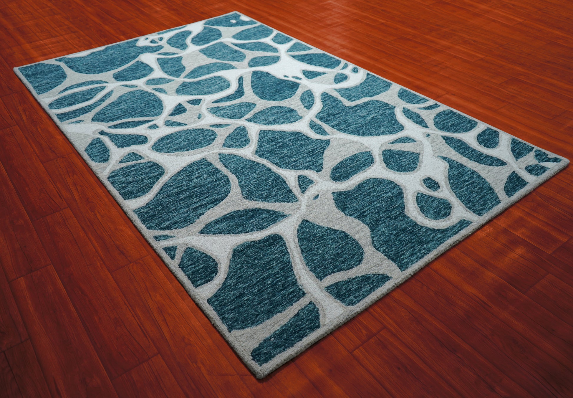 Teal Grey Abstract Organic Pebbles Hand Tufted Wool Area Rug - Cut Pile Contemporary Custom Sizes