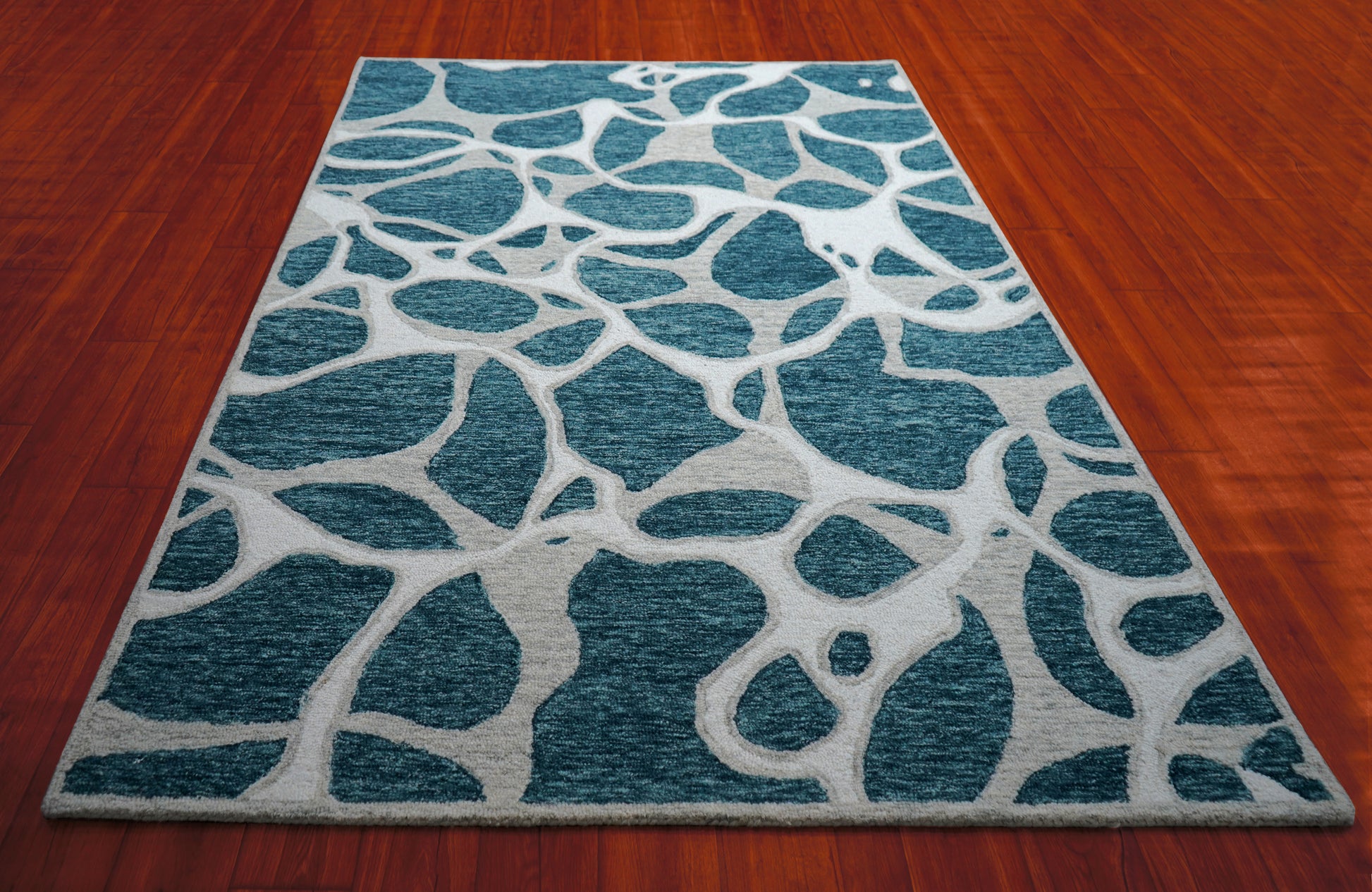 Teal Grey Abstract Organic Pebbles Hand Tufted Wool Area Rug - Cut Pile Contemporary Custom Sizes