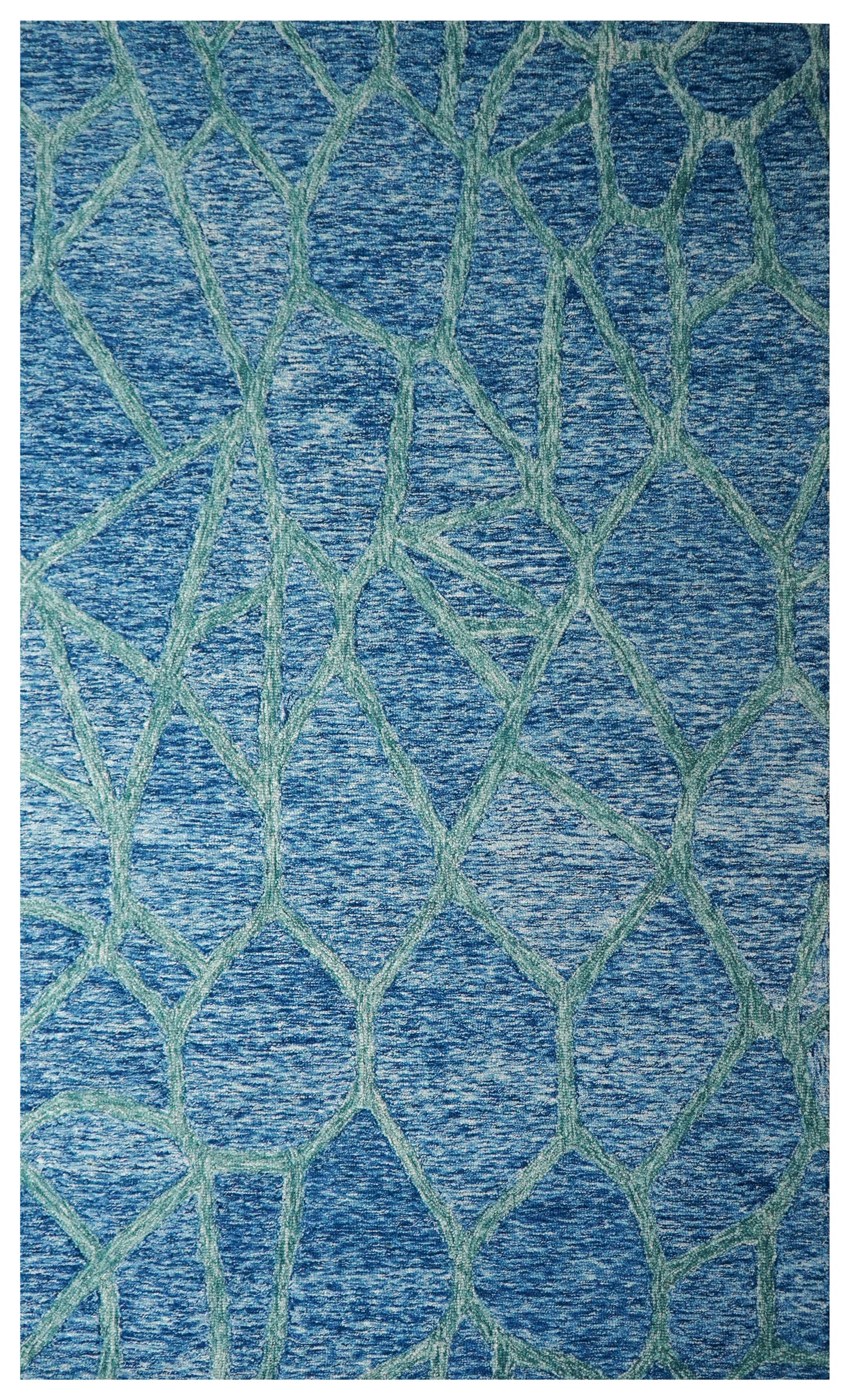 Blue Teal Abstract Geometric Lines Hand Tufted Wool Area Rug - Cut Pile Contemporary Custom Sizes