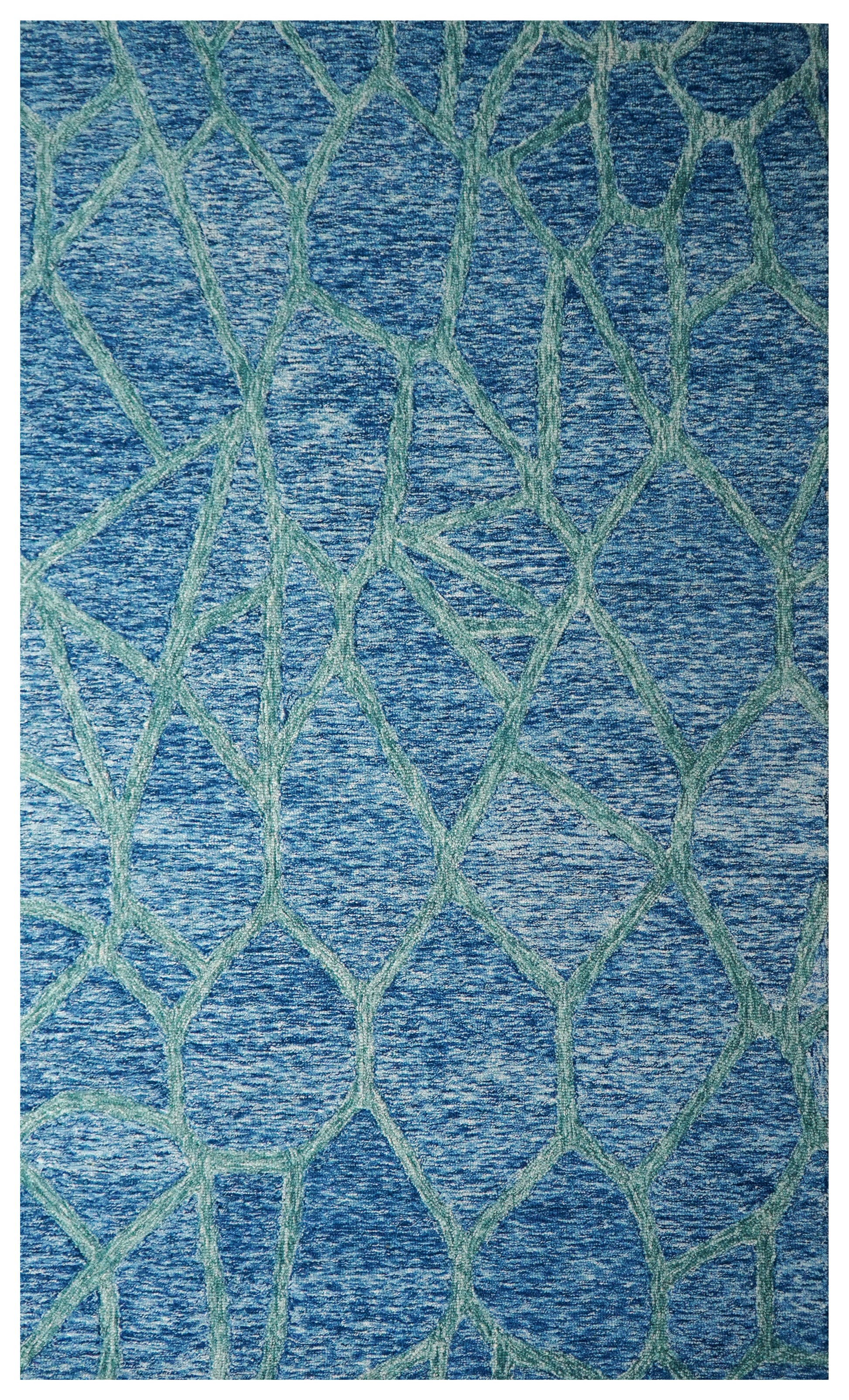 Blue Teal Abstract Geometric Lines Hand Tufted Wool Area Rug - Cut Pile Contemporary Custom Sizes
