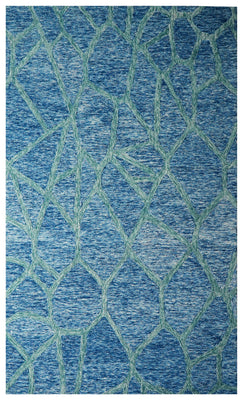 Blue Teal Abstract Geometric Lines Hand Tufted Wool Area Rug - Cut Pile Contemporary Custom Sizes