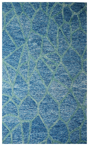 Blue Teal Abstract Geometric Lines Hand Tufted Wool Area Rug - Cut Pile Contemporary Custom Sizes