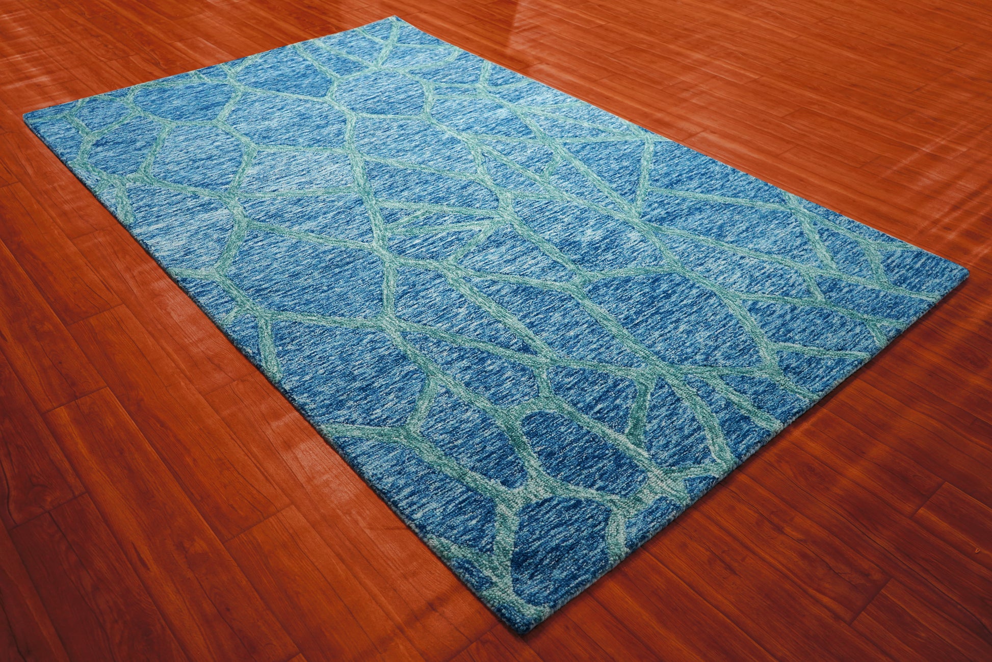 Blue Teal Abstract Geometric Lines Hand Tufted Wool Area Rug - Cut Pile Contemporary Custom Sizes