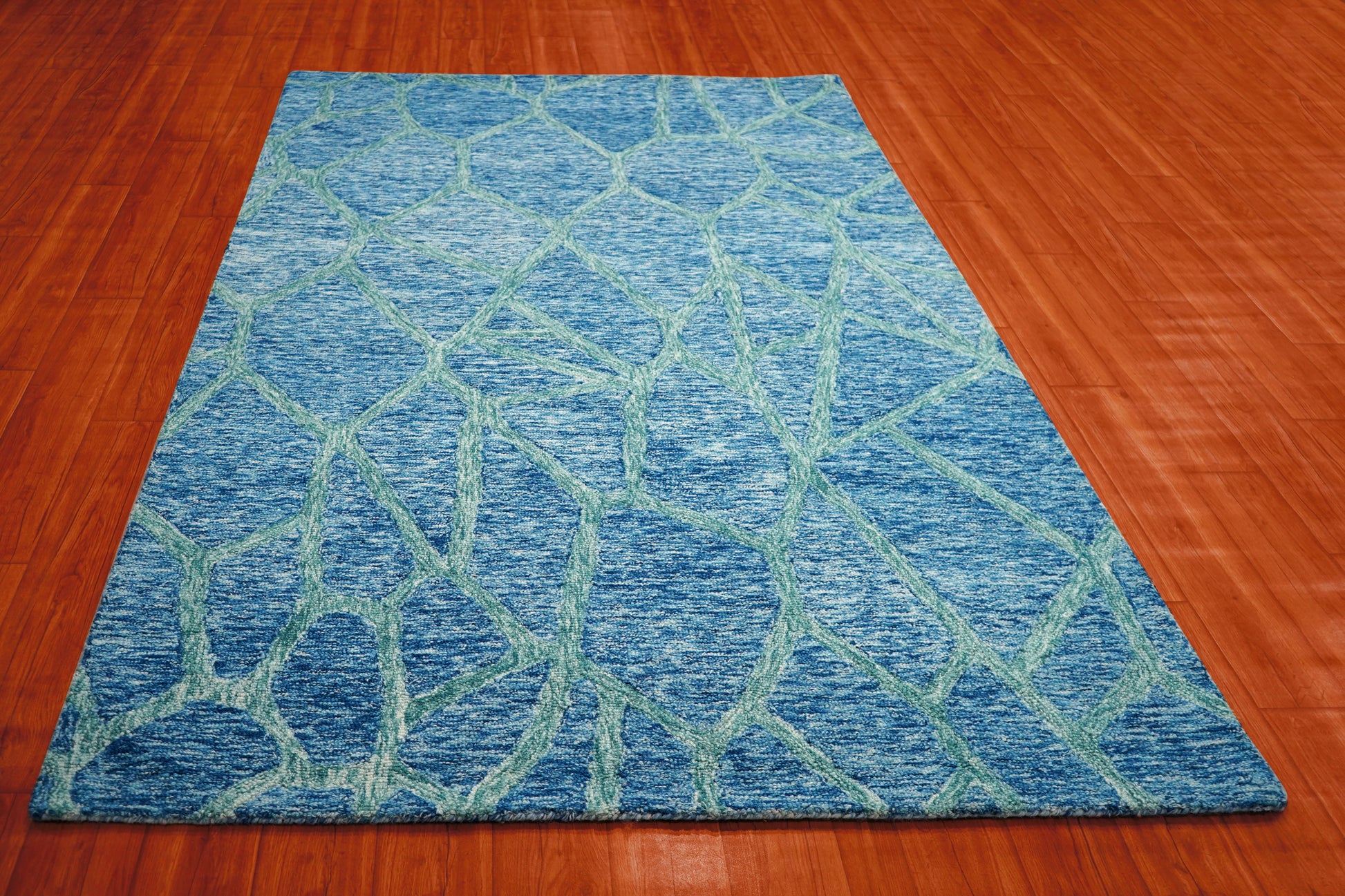 Blue Teal Abstract Geometric Lines Hand Tufted Wool Area Rug - Cut Pile Contemporary Custom Sizes