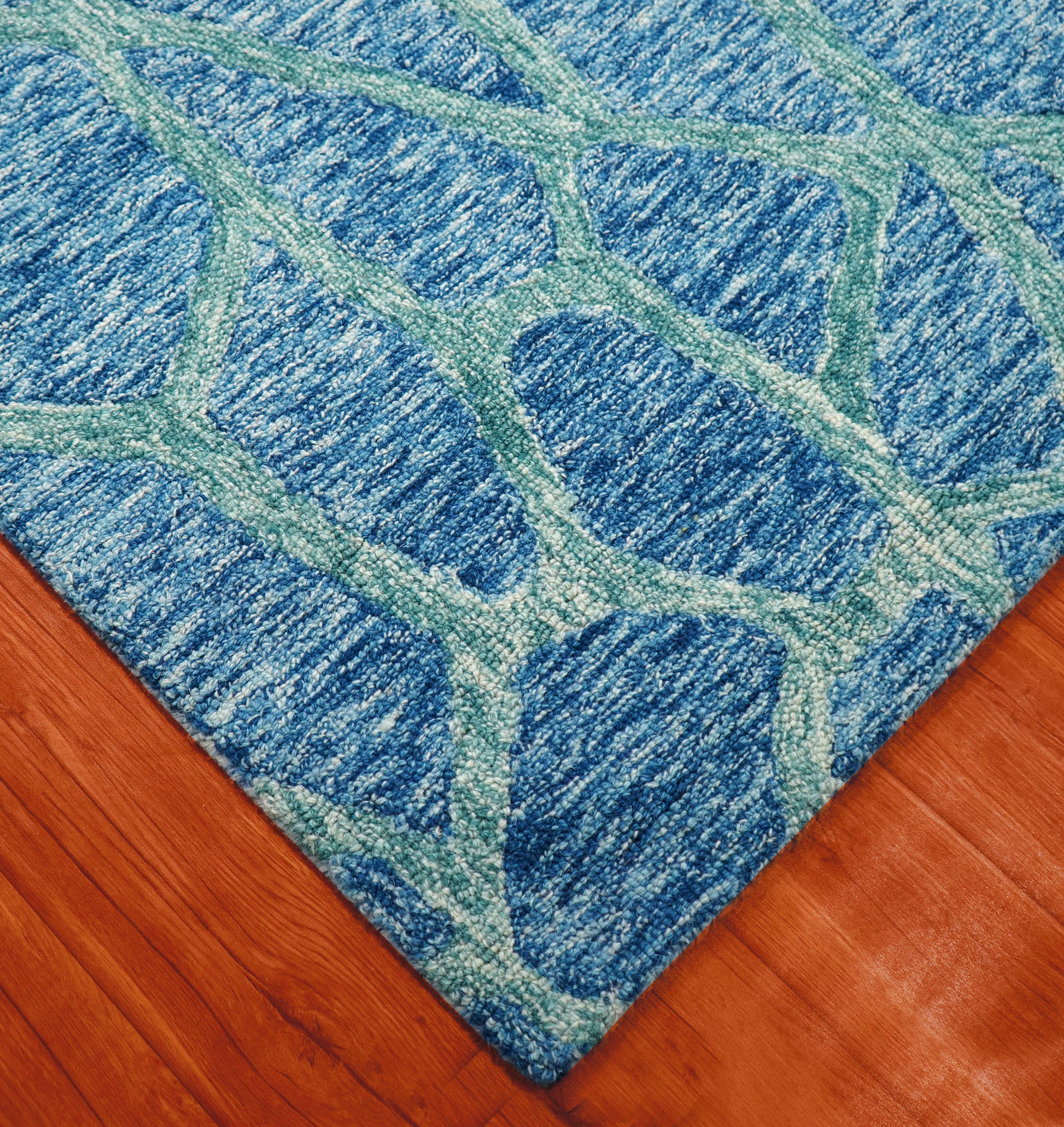 Blue Teal Abstract Geometric Lines Hand Tufted Wool Area Rug - Cut Pile Contemporary Custom Sizes