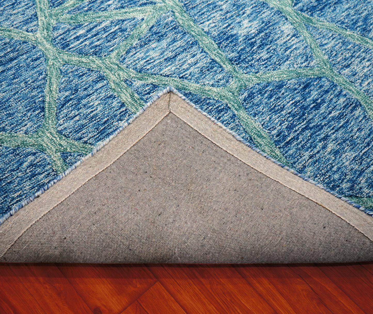 Blue Teal Abstract Geometric Lines Hand Tufted Wool Area Rug - Cut Pile Contemporary Custom Sizes