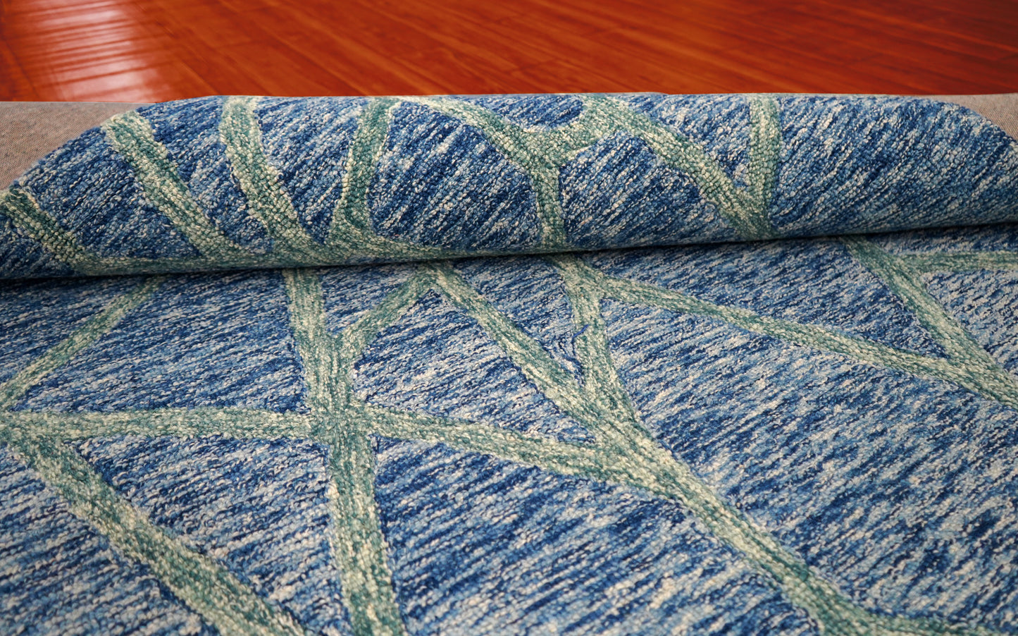 Blue Teal Abstract Geometric Lines Hand Tufted Wool Area Rug - Cut Pile Contemporary Custom Sizes