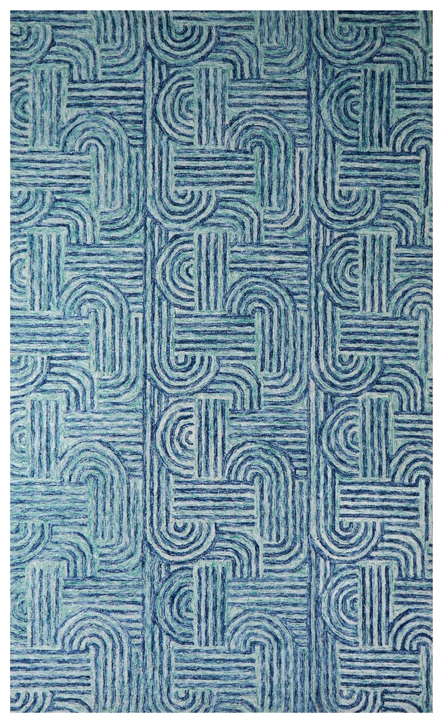 Blue Teal Abstract Geometric Maze Hand Tufted Wool Area Rug - Cut Pile Contemporary Custom Sizes