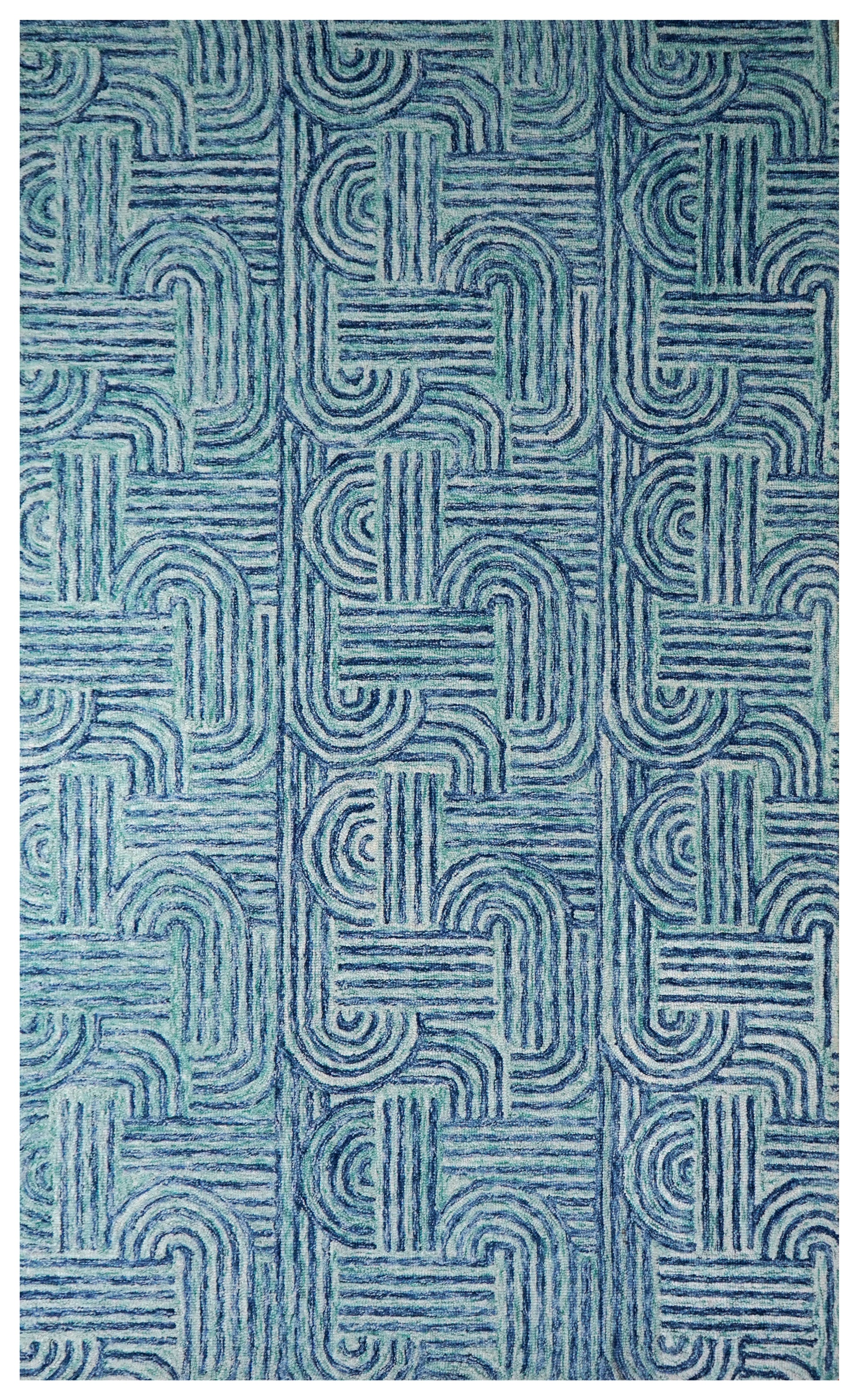 Blue Teal Abstract Geometric Maze Hand Tufted Wool Area Rug - Cut Pile Contemporary Custom Sizes