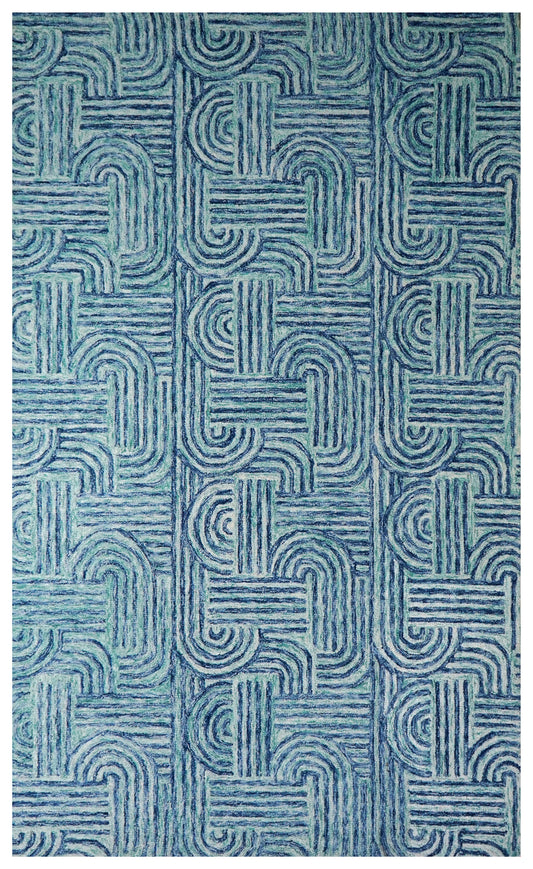 Blue Teal Abstract Geometric Maze Hand Tufted Wool Area Rug - Cut Pile Contemporary Custom Sizes