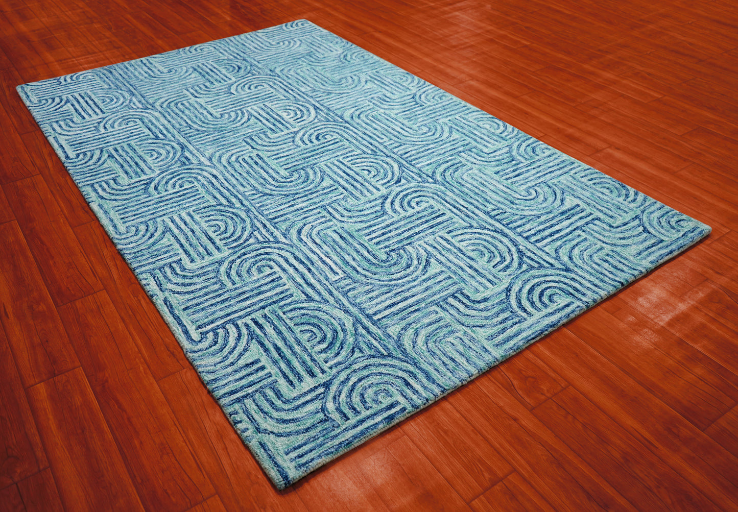 Blue Teal Abstract Geometric Maze Hand Tufted Wool Area Rug - Cut Pile Contemporary Custom Sizes