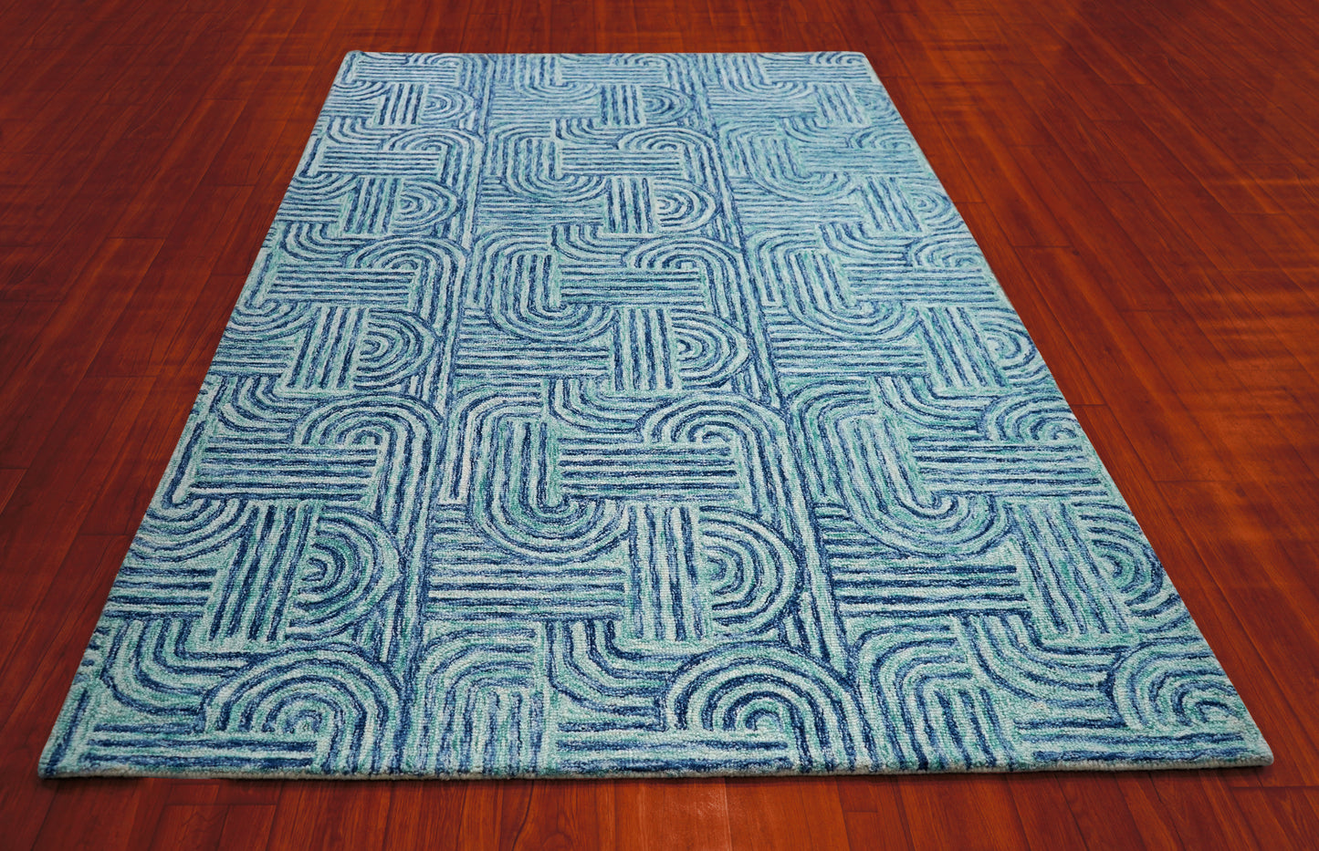 Blue Teal Abstract Geometric Maze Hand Tufted Wool Area Rug - Cut Pile Contemporary Custom Sizes