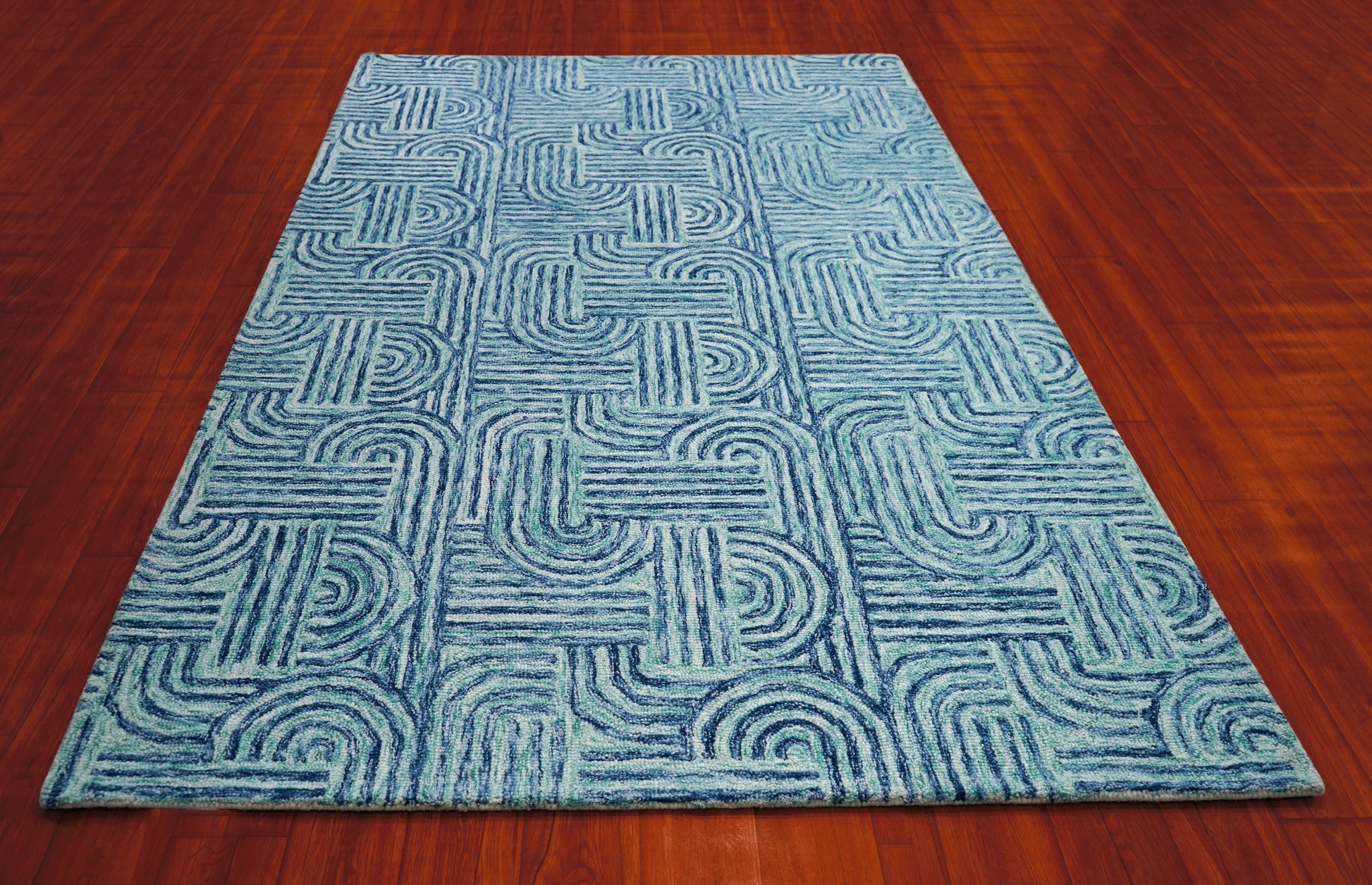 Blue Teal Abstract Geometric Maze Hand Tufted Wool Area Rug - Cut Pile Contemporary Custom Sizes