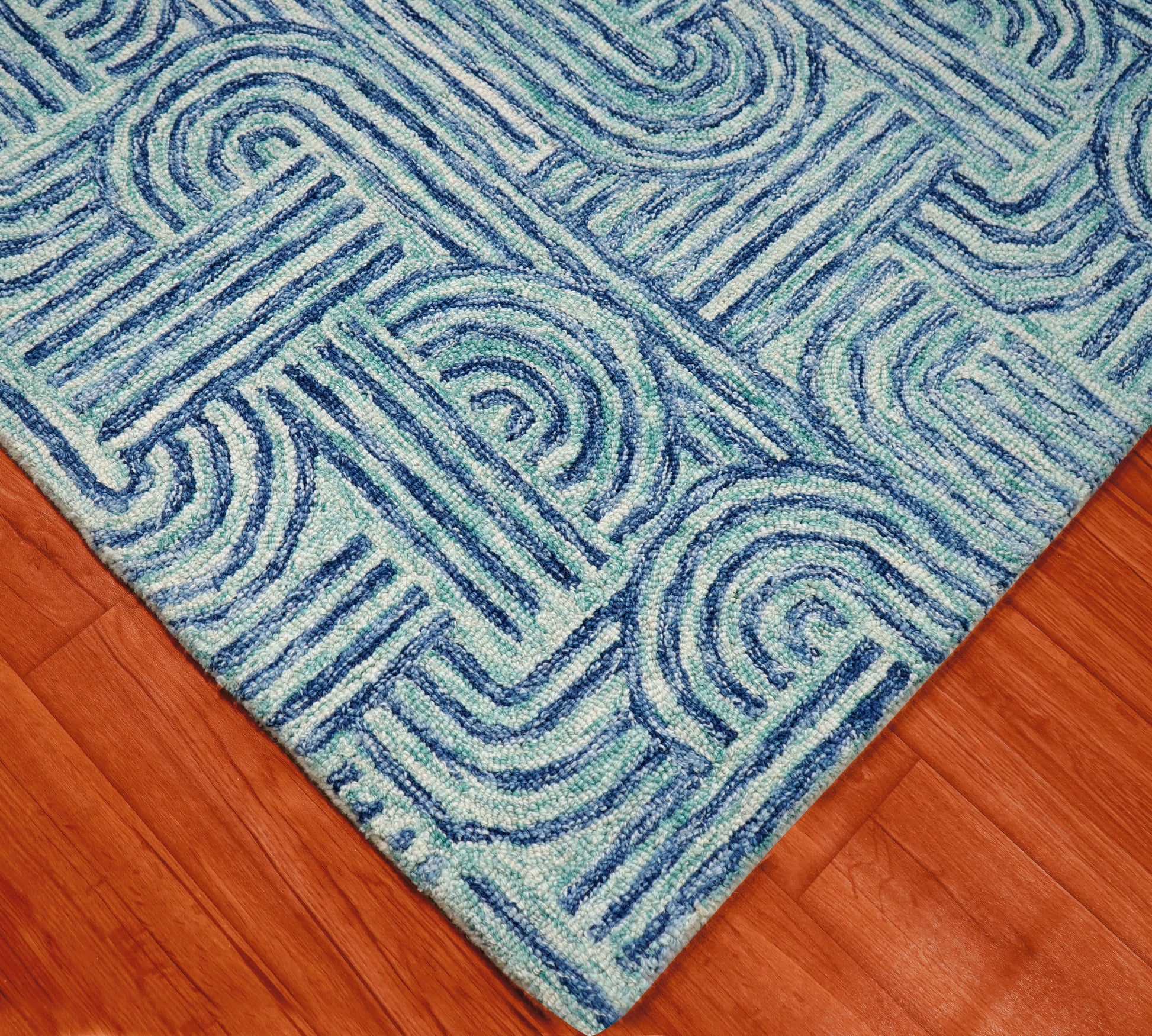 Blue Teal Abstract Geometric Maze Hand Tufted Wool Area Rug - Cut Pile Contemporary Custom Sizes