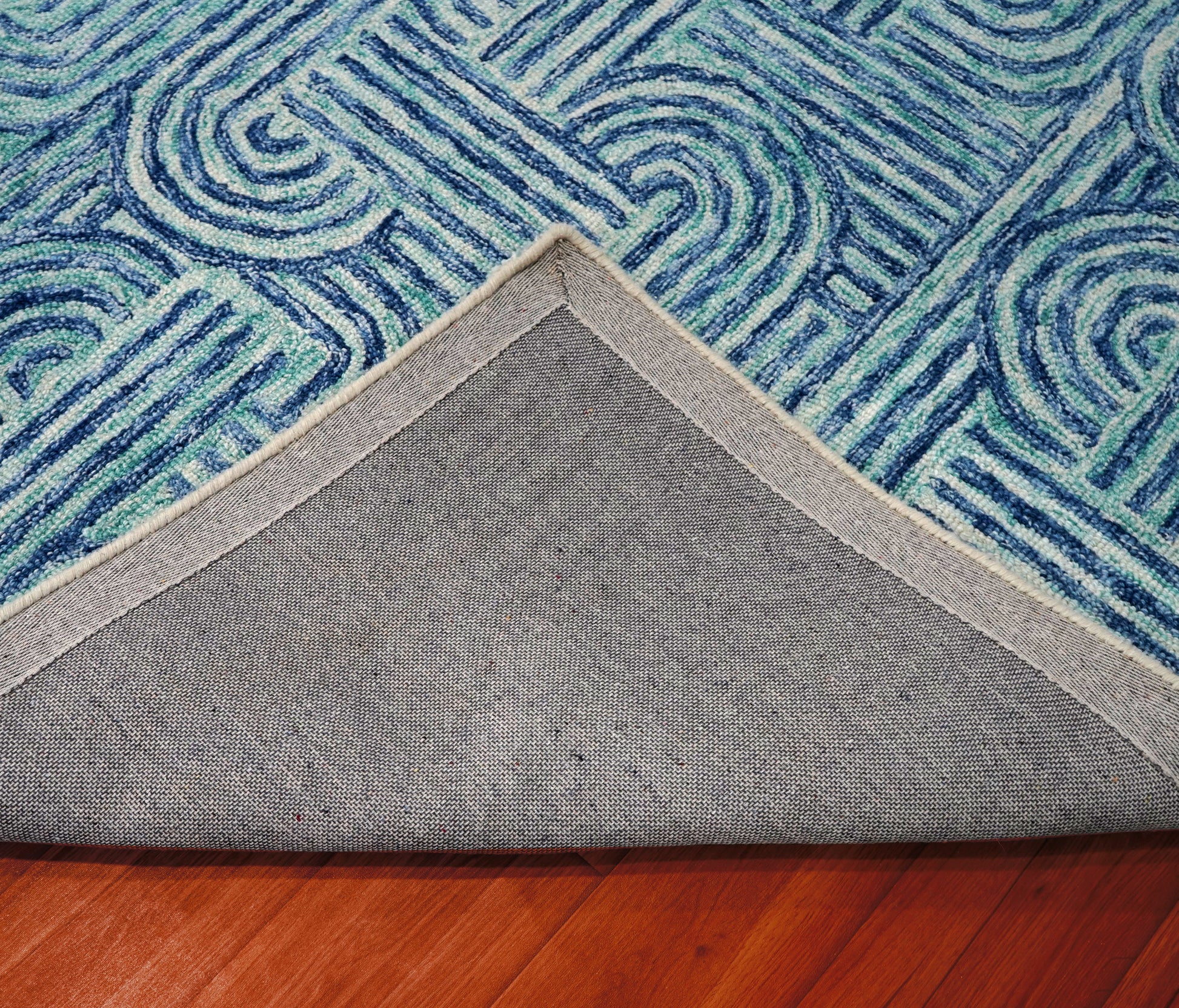 Blue Teal Abstract Geometric Maze Hand Tufted Wool Area Rug - Cut Pile Contemporary Custom Sizes