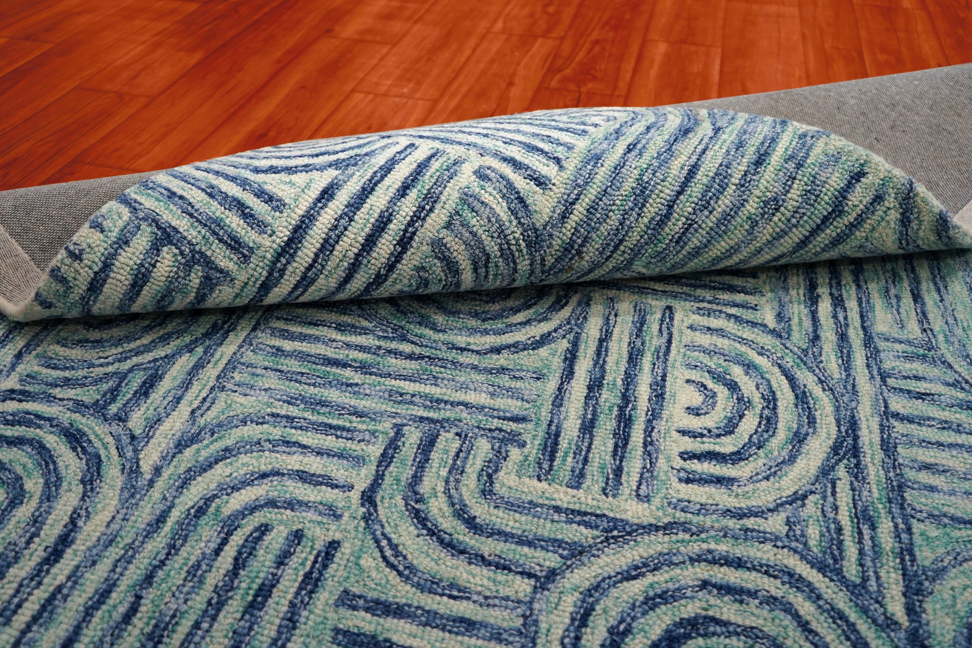 Blue Teal Abstract Geometric Maze Hand Tufted Wool Area Rug - Cut Pile Contemporary Custom Sizes