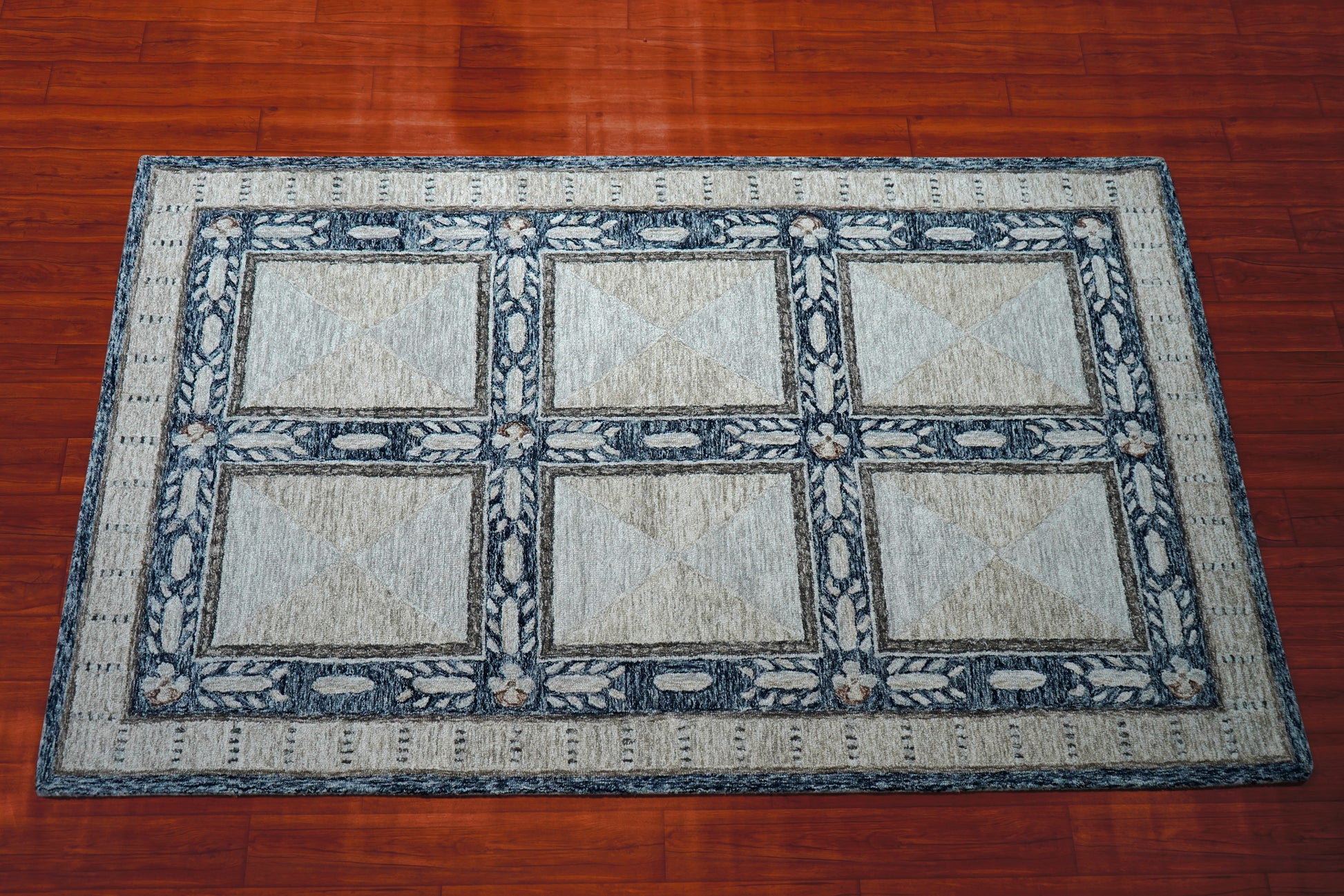 Grey Ivory Floral Panel Grid Hand Tufted Wool Area Rug - Cut Pile Traditional Custom Sizes