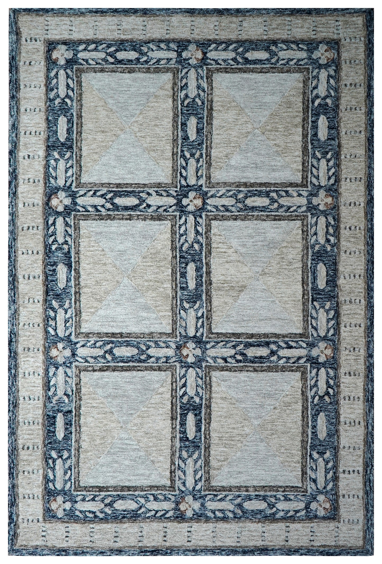 Grey Ivory Floral Panel Grid Hand Tufted Wool Area Rug - Cut Pile Traditional Custom Sizes