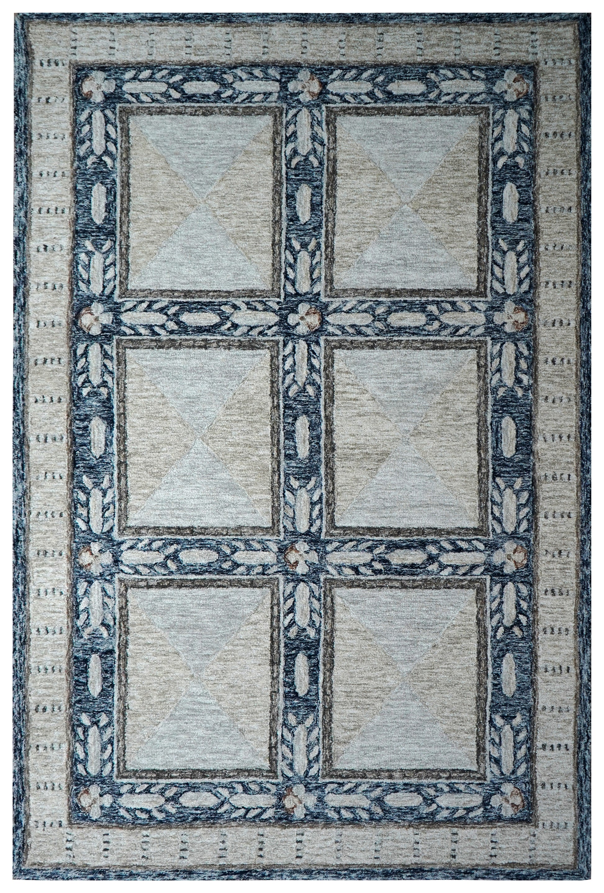 Grey Ivory Floral Panel Grid Hand Tufted Wool Area Rug - Cut Pile Traditional Custom Sizes