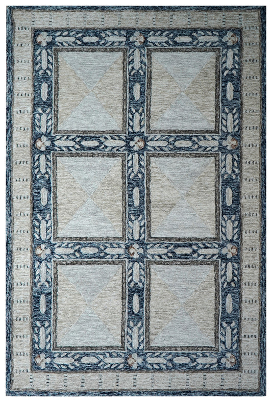 Grey Ivory Floral Panel Grid Hand Tufted Wool Area Rug - Cut Pile Traditional Custom Sizes