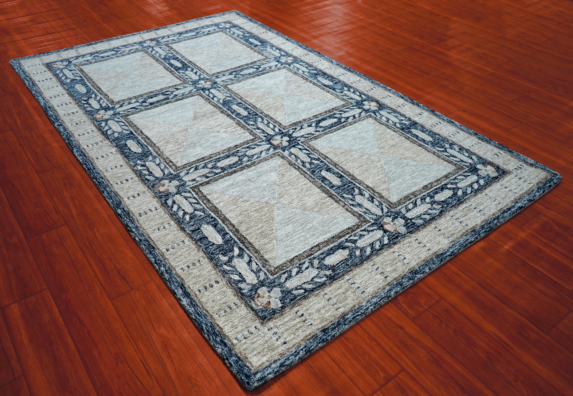 Grey Ivory Floral Panel Grid Hand Tufted Wool Area Rug - Cut Pile Traditional Custom Sizes