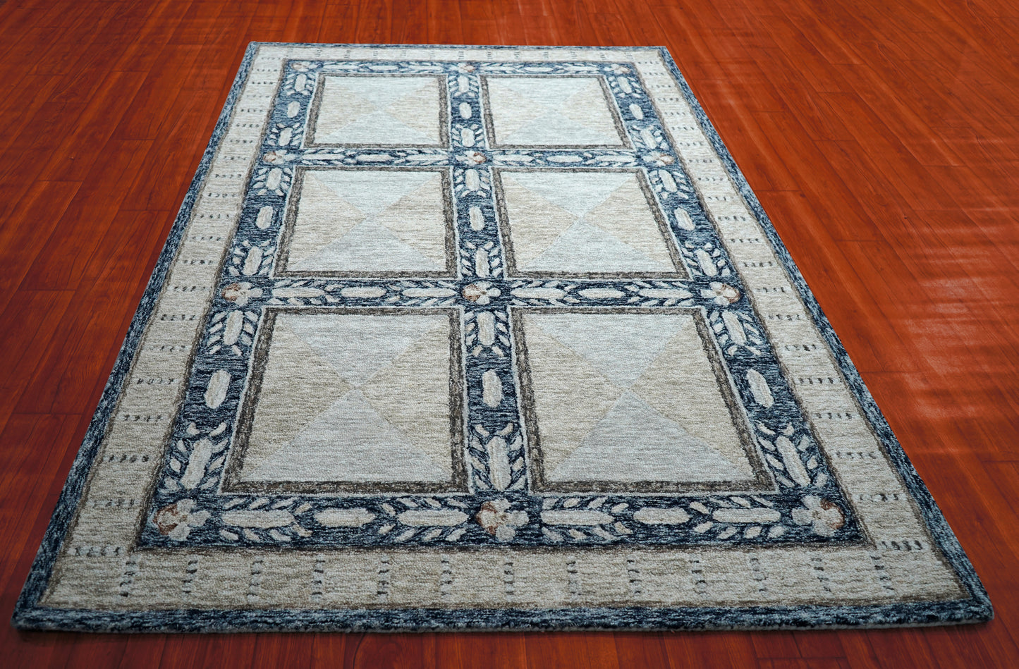 Grey Ivory Floral Panel Grid Hand Tufted Wool Area Rug - Cut Pile Traditional Custom Sizes