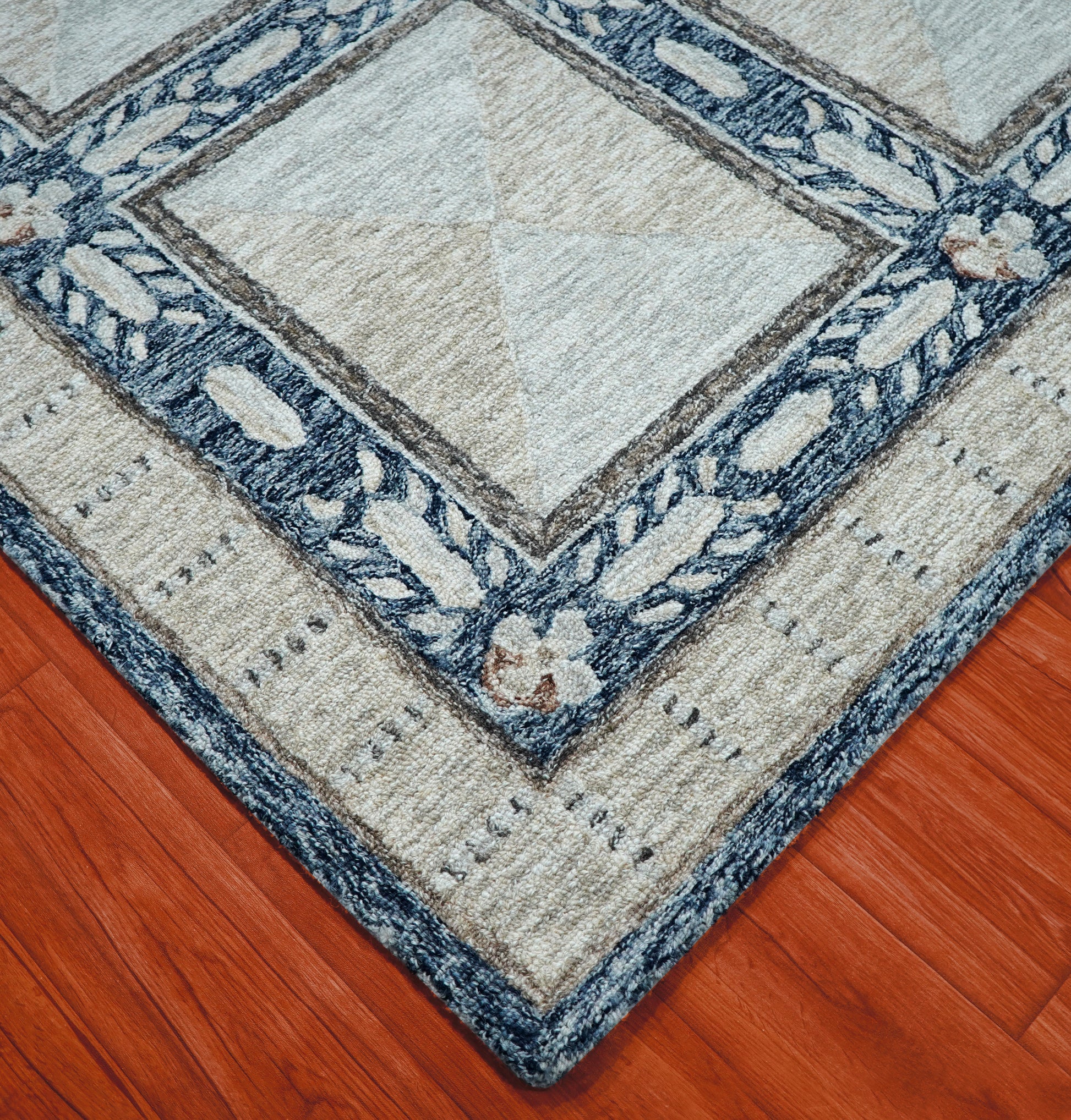 Grey Ivory Floral Panel Grid Hand Tufted Wool Area Rug - Cut Pile Traditional Custom Sizes