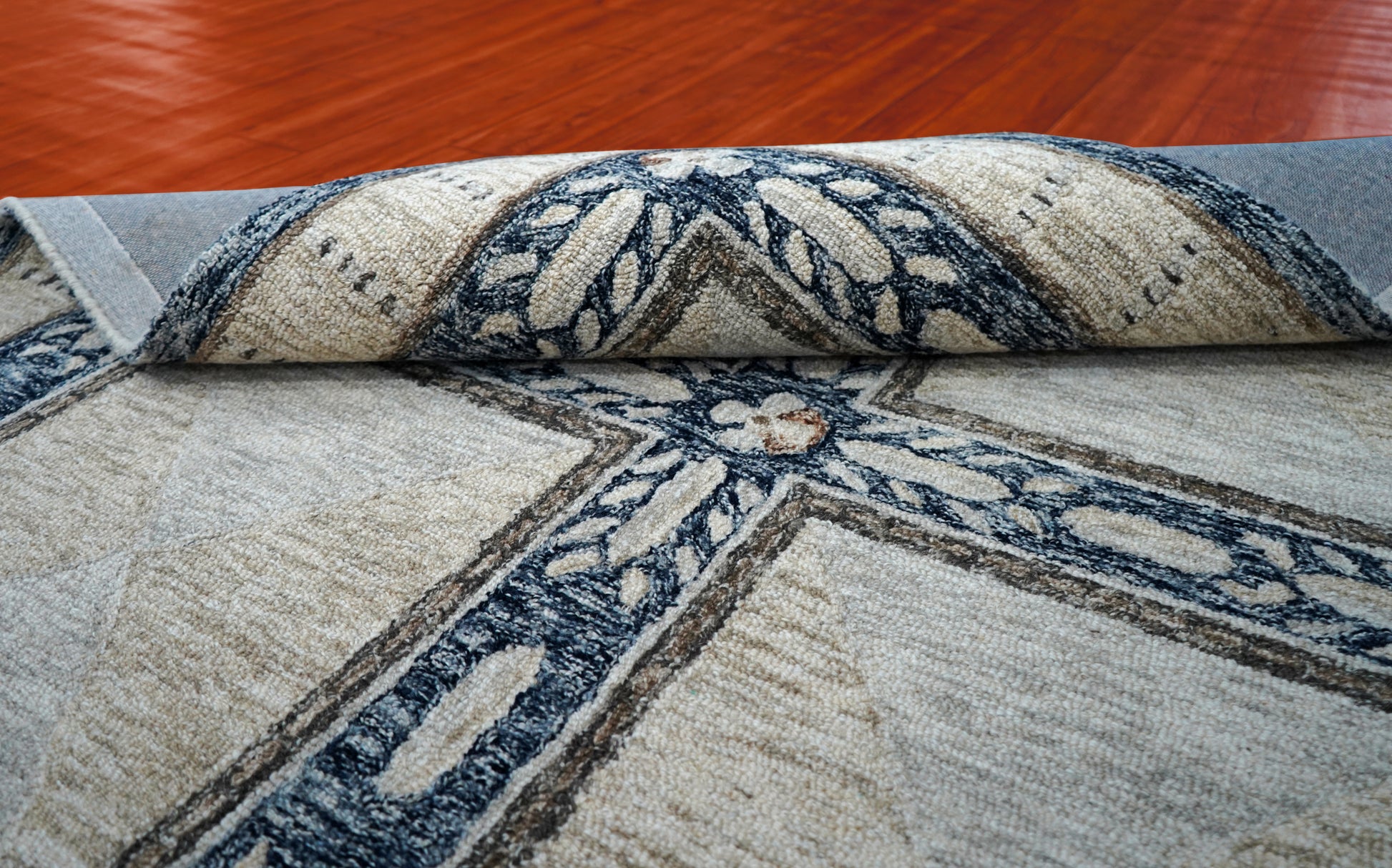 Grey Ivory Floral Panel Grid Hand Tufted Wool Area Rug - Cut Pile Traditional Custom Sizes