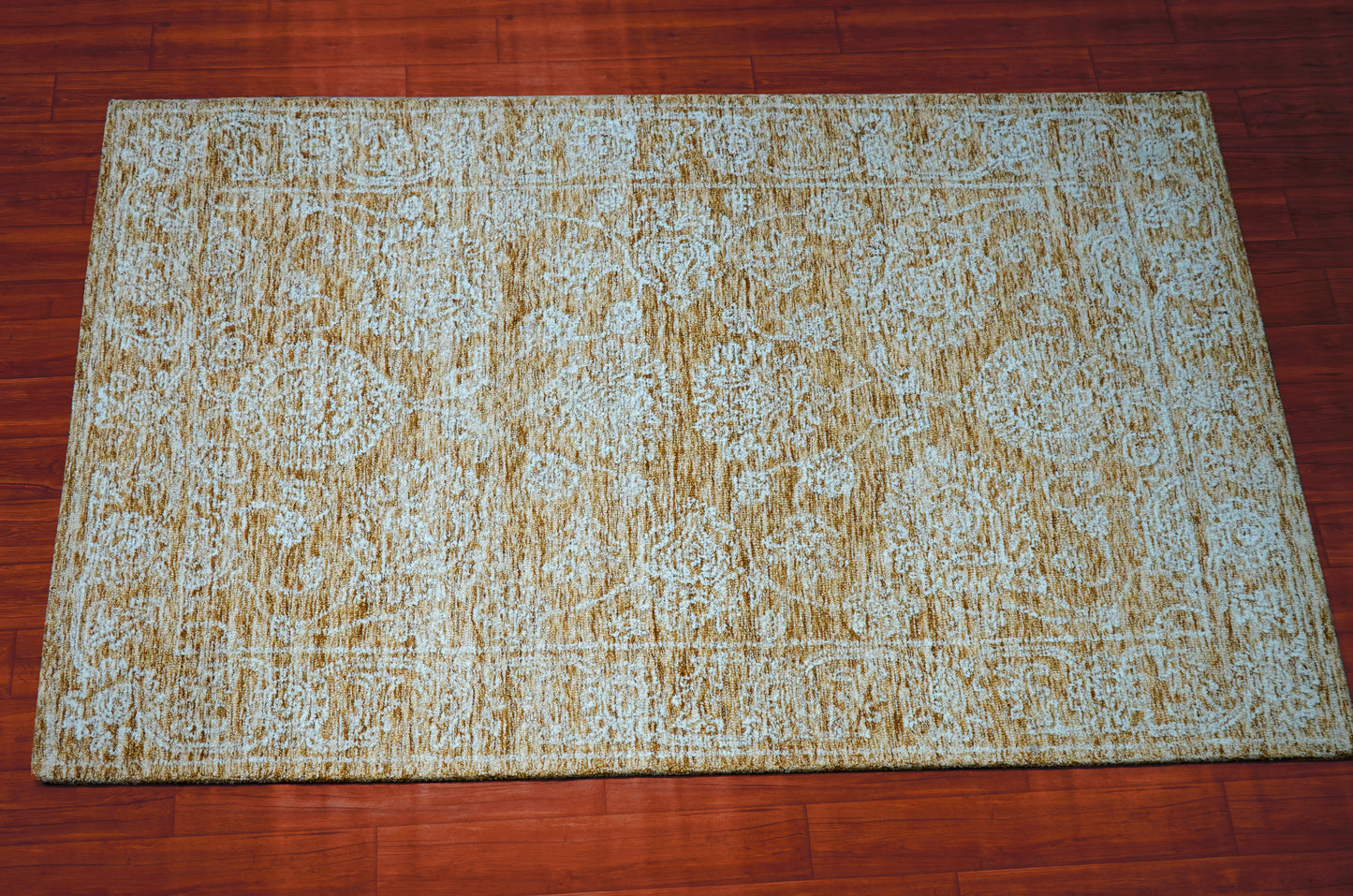 Blue Green Gold Abstract Textured Hand Tufted Wool Area Rug - Cut Pile Contemporary Custom Sizes