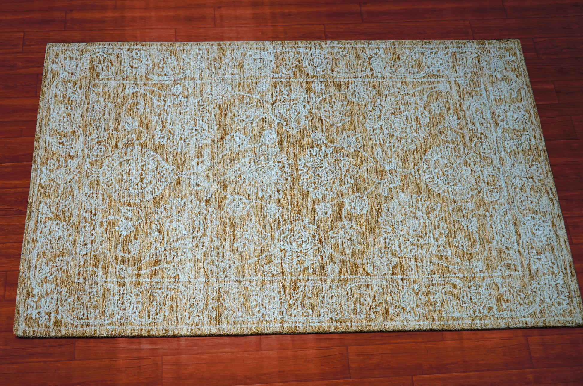 Blue Green Gold Abstract Textured Hand Tufted Wool Area Rug - Cut Pile Contemporary Custom Sizes