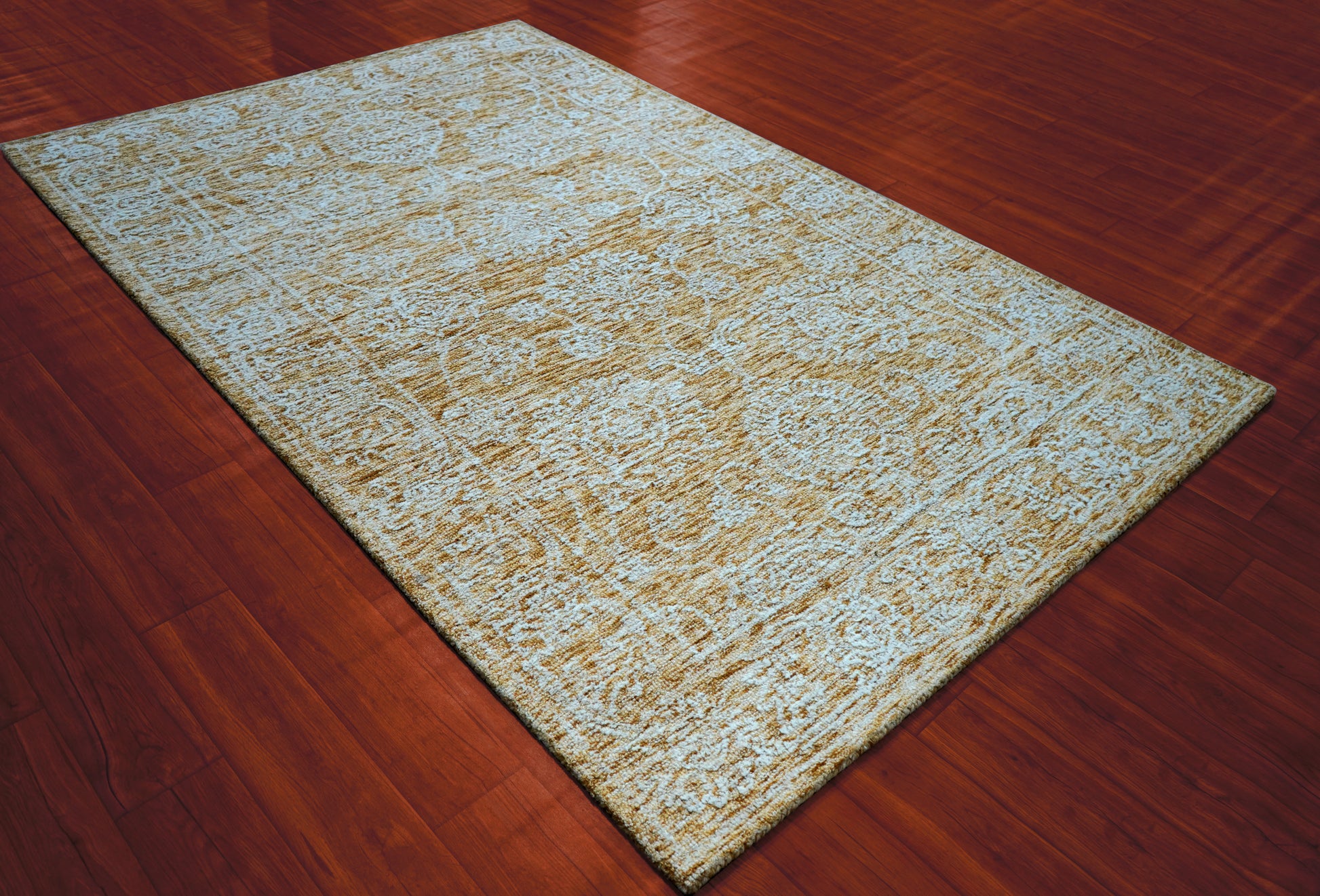 Blue Green Gold Abstract Textured Hand Tufted Wool Area Rug - Cut Pile Contemporary Custom Sizes