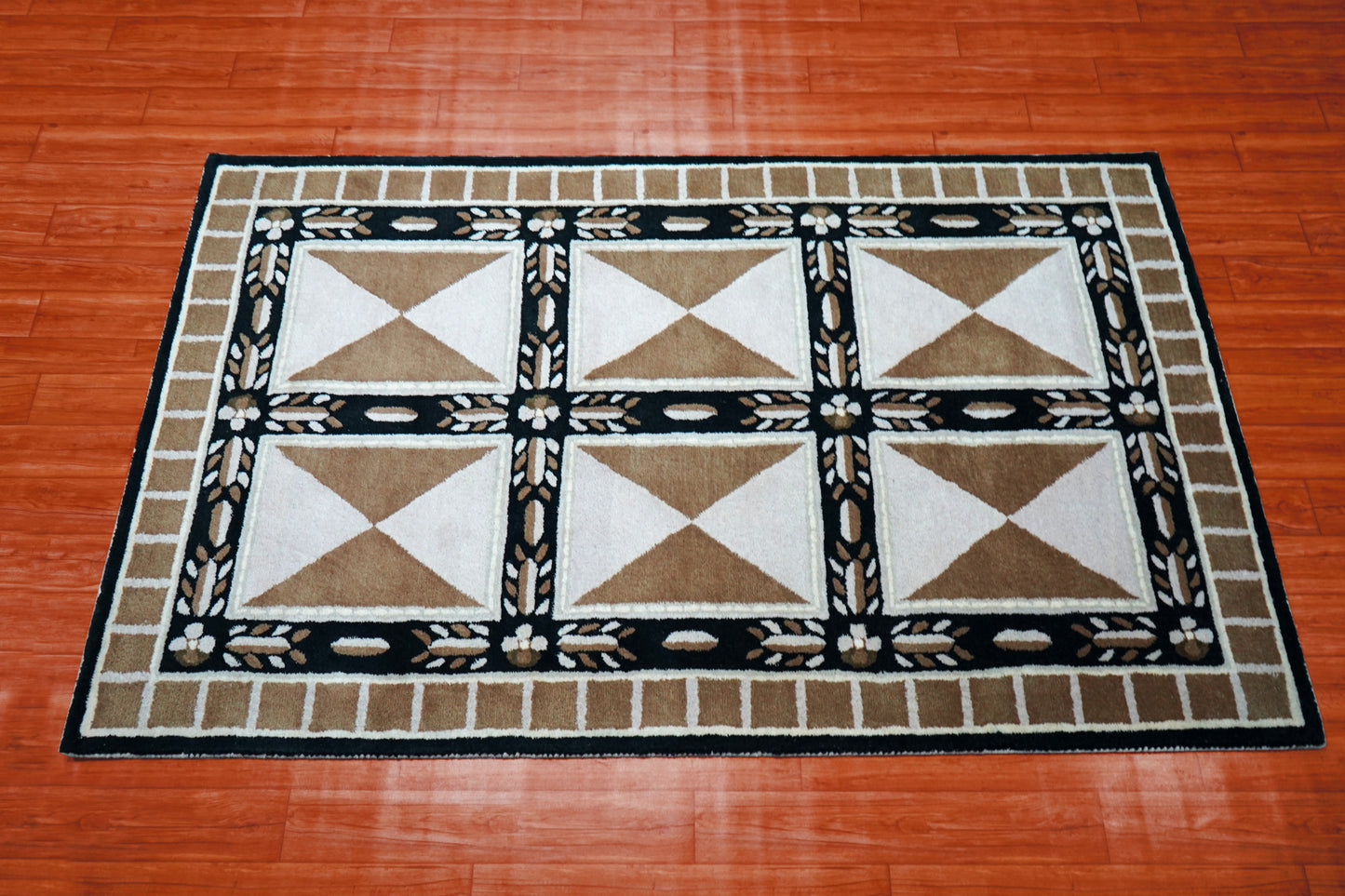 Beige Black Geometric Star Panel Grid Hand Tufted Wool Area Rug - Cut Pile Contemporary Custom Sizes