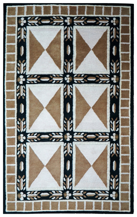 Beige Black Geometric Star Panel Grid Hand Tufted Wool Area Rug - Cut Pile Contemporary Custom Sizes