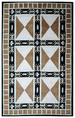 Beige Black Geometric Star Panel Grid Hand Tufted Wool Area Rug - Cut Pile Contemporary Custom Sizes