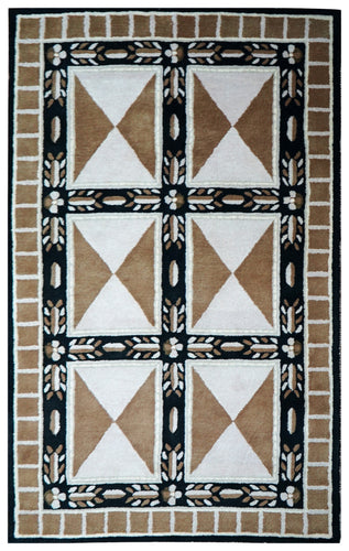 Beige Black Geometric Star Panel Grid Hand Tufted Wool Area Rug - Cut Pile Contemporary Custom Sizes