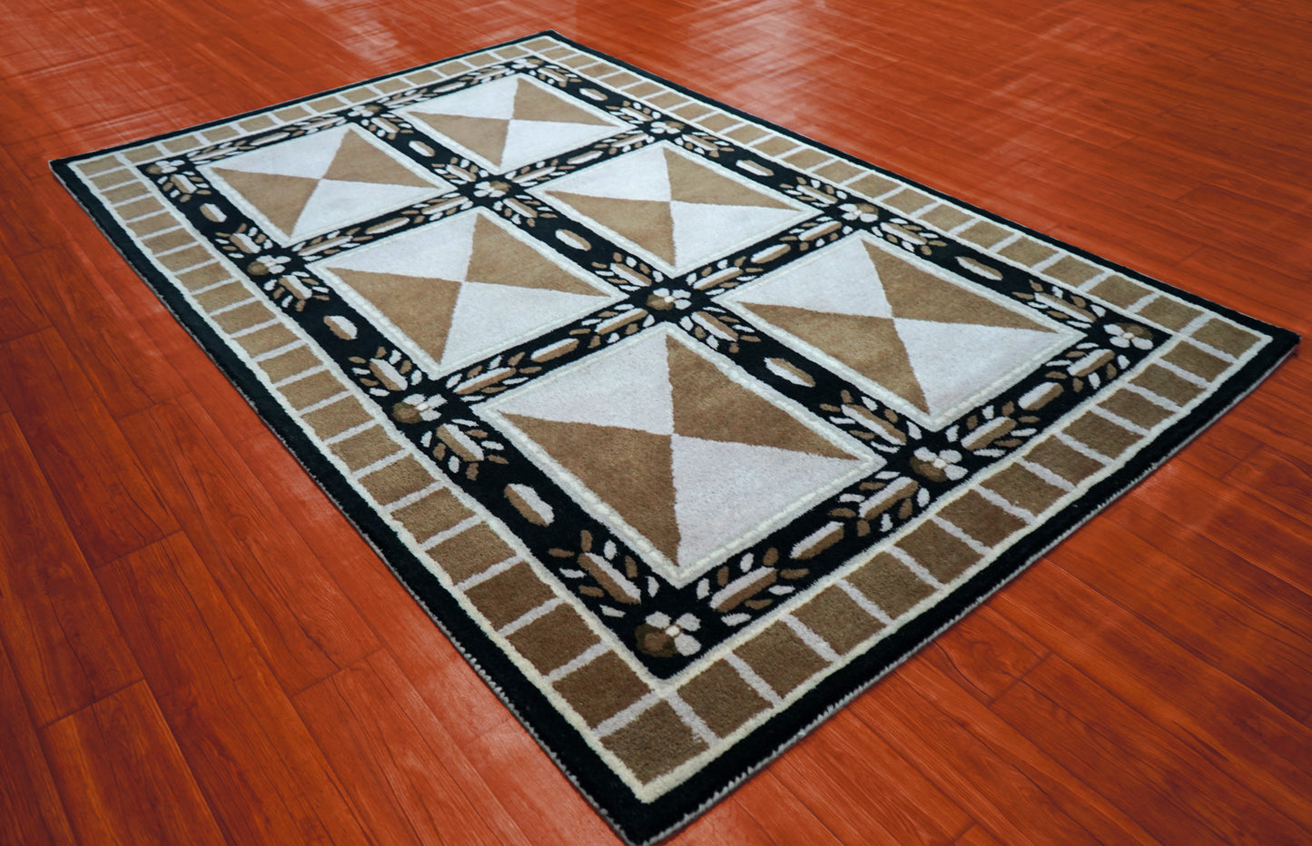 Beige Black Geometric Star Panel Grid Hand Tufted Wool Area Rug - Cut Pile Contemporary Custom Sizes