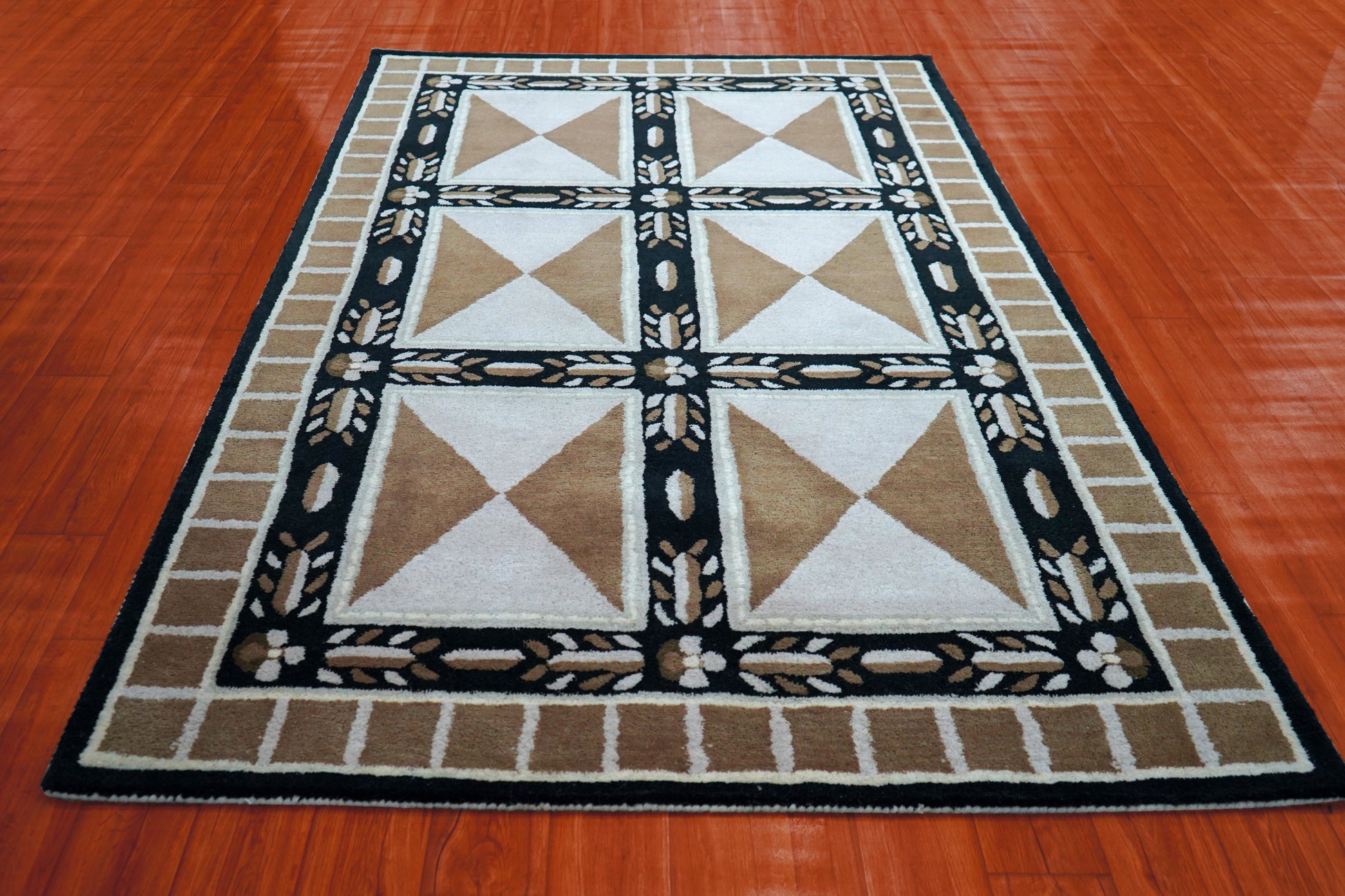 Beige Black Geometric Star Panel Grid Hand Tufted Wool Area Rug - Cut Pile Contemporary Custom Sizes