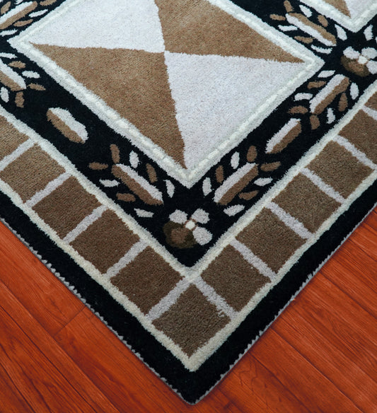Beige Black Geometric Star Panel Grid Hand Tufted Wool Area Rug - Cut Pile Contemporary Custom Sizes