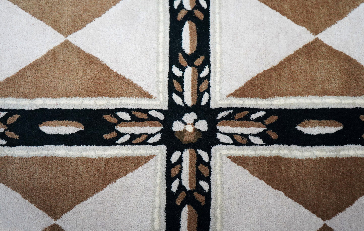 Beige Black Geometric Star Panel Grid Hand Tufted Wool Area Rug - Cut Pile Contemporary Custom Sizes